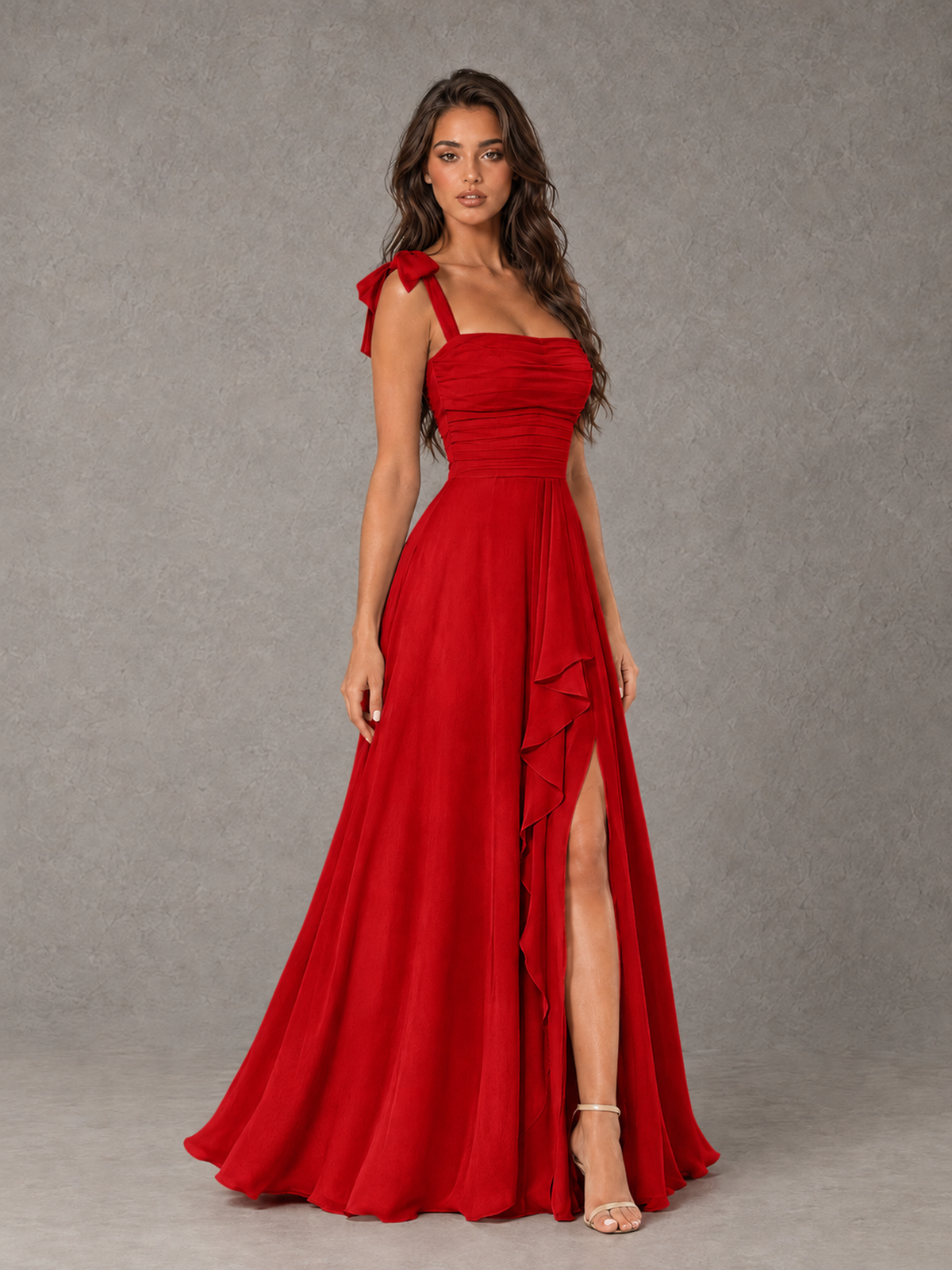 BOLODOO Red Bow-Strap Bridesmaid Dress with Ruffle Slit - Red - Red (3)