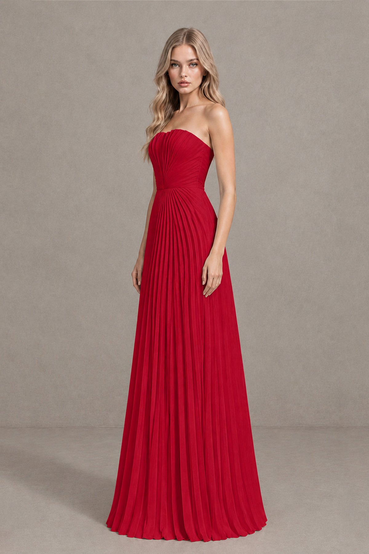 BOLODOO Red Strapless Sunburst Pleated Twisted Knot Lace-Up Back Accordion Pleated Chiffon Maxi Dress - Red