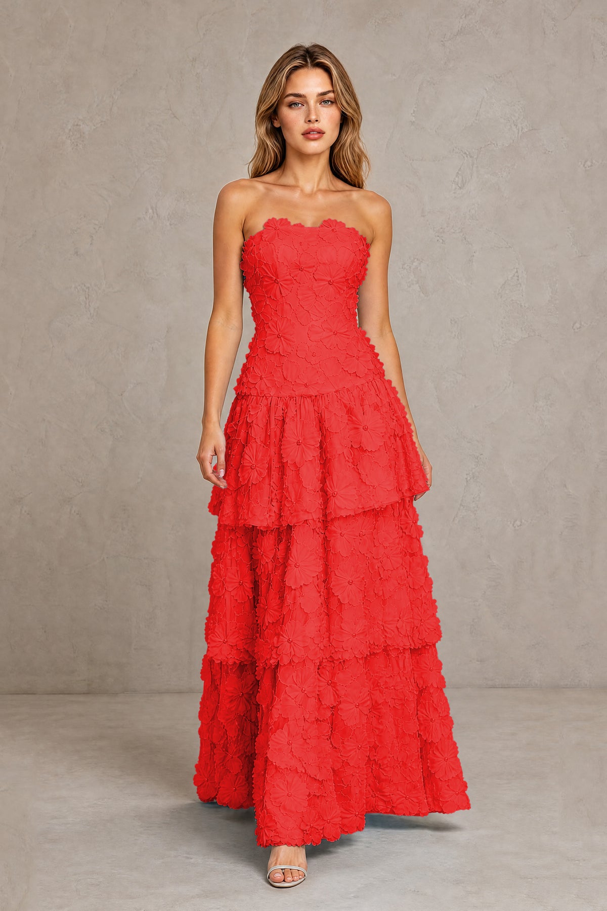 BOLODOO Red Strapless 3D Floral Tiered Evening Gown - Red