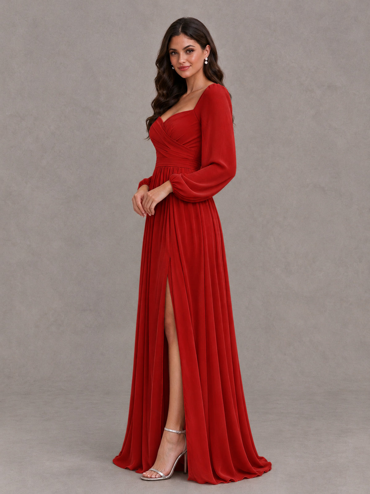 BOLODOO Red Long Sleeve Chiffon Bridesmaid Dress with Slit - Red - Red (3)