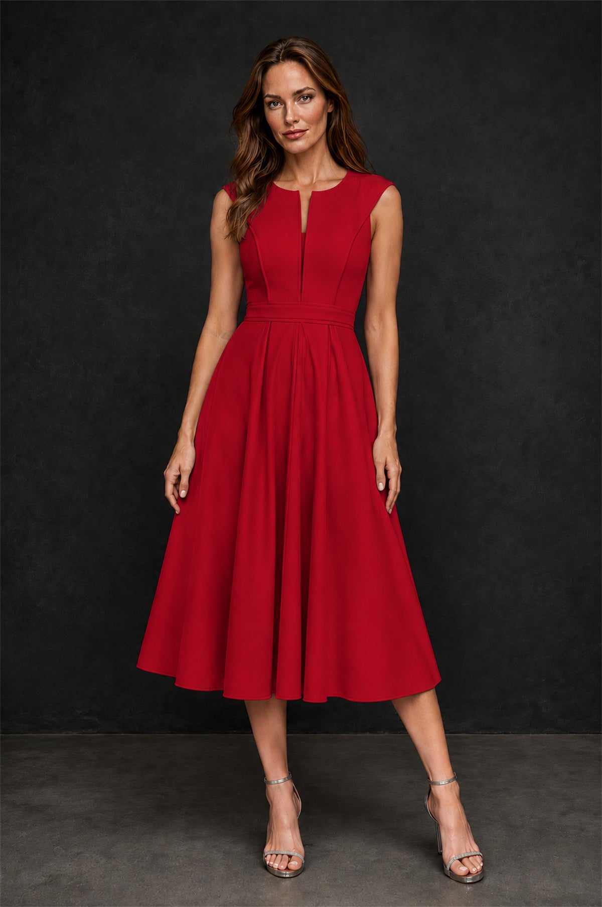 BOLODOO Red 3D Rosette Appliqué 3/4 Sleeve Jacket & V-Notch Sleeveless A-Line Tea-Length Two-Piece Dress Set - Red