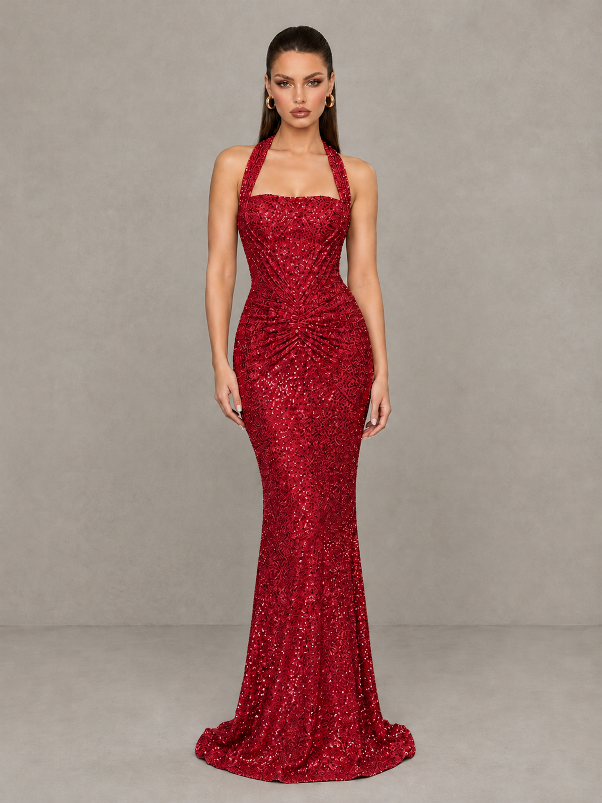 BOLODOO Red Sequin Halter Mermaid Evening Gown - Red - Red (3)