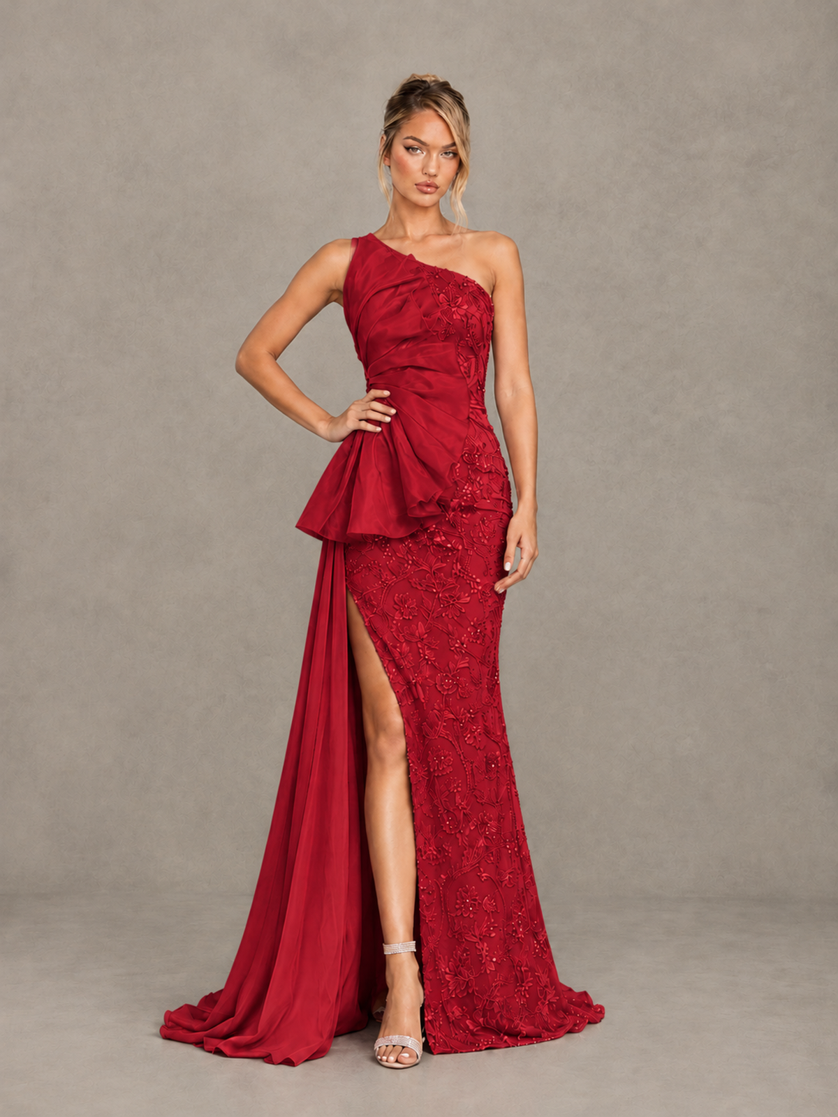 BOLODOO Red One-Shoulder Floral Lace Evening Gown with High Slit - Red - Red (3)