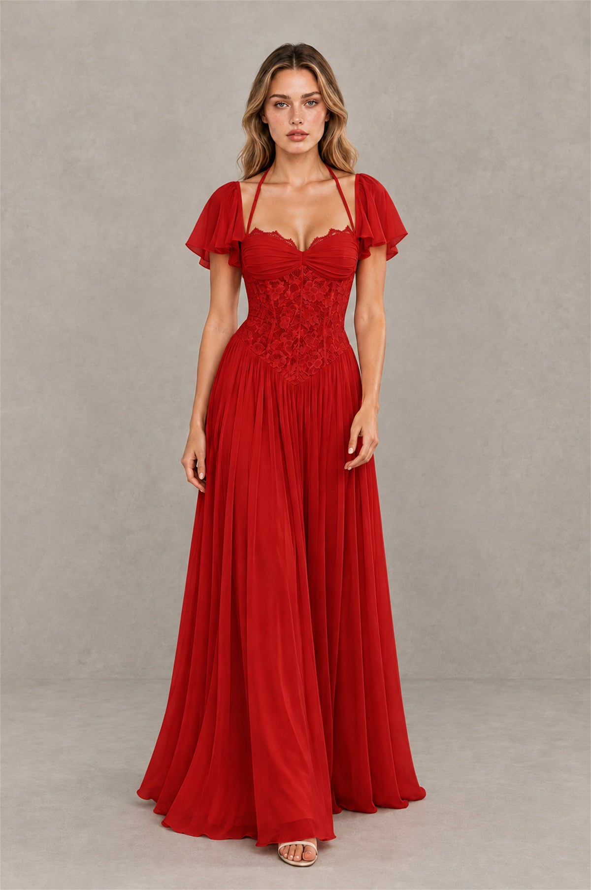 BOLODOO Red Flutter Sleeve Lace Corset A-Line Maxi Dress - Red - Red (3)