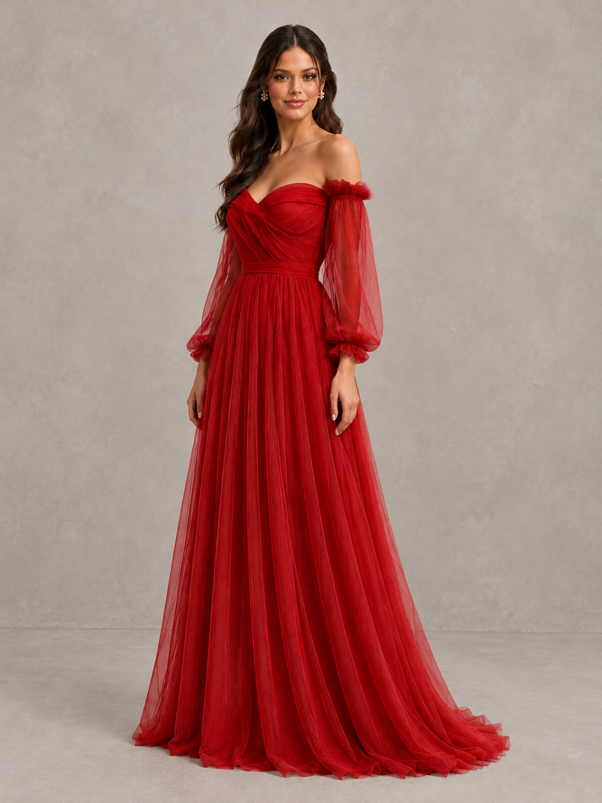 BOLODOO Red Off-the-Shoulder Long Sleeve A-Line Bridesmaid Dress - Red - Red (3)