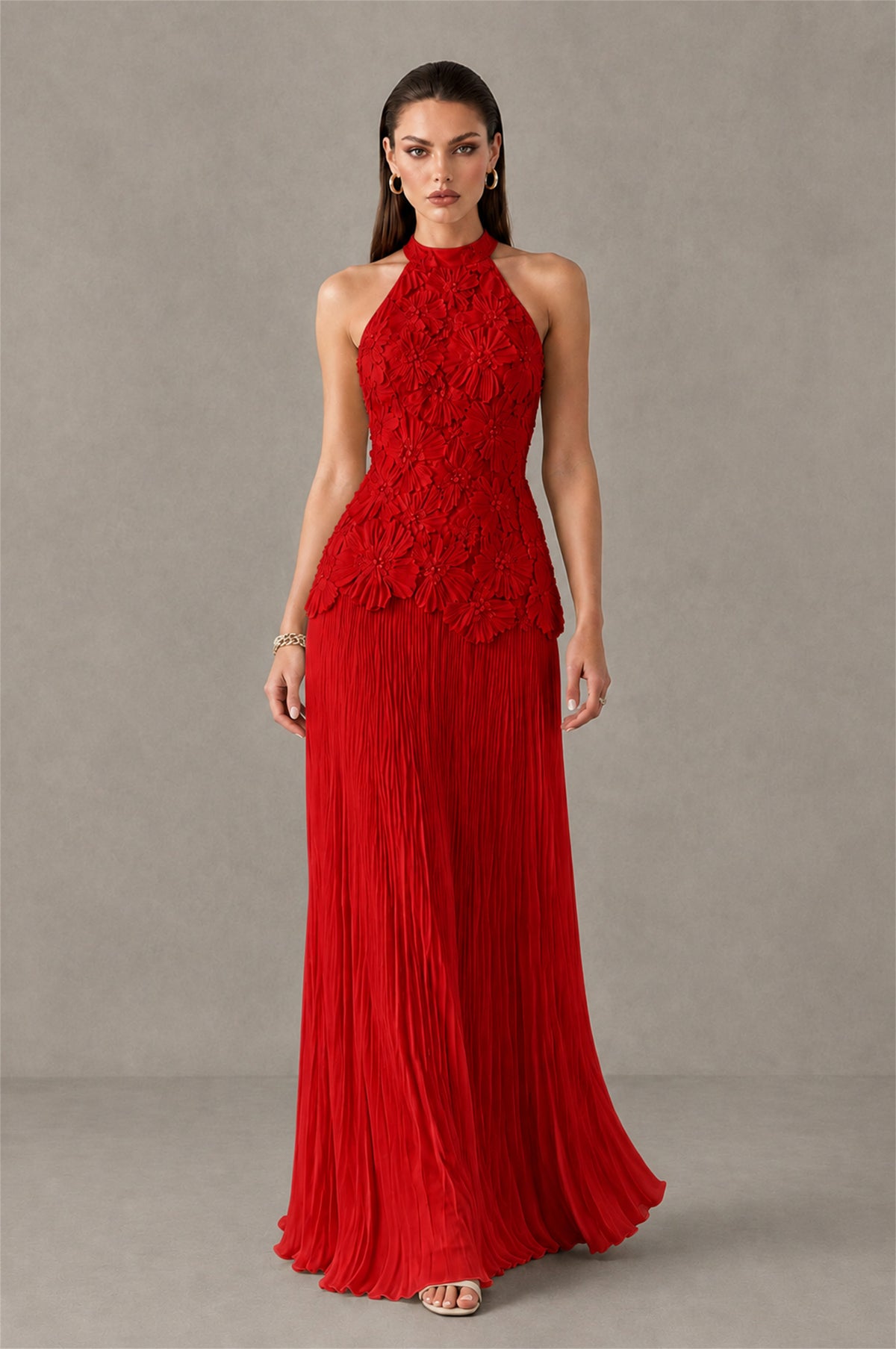BOLODOO Red 3D Floral Applique Halter Neck Open Back Pleated Maxi Dress - Red
