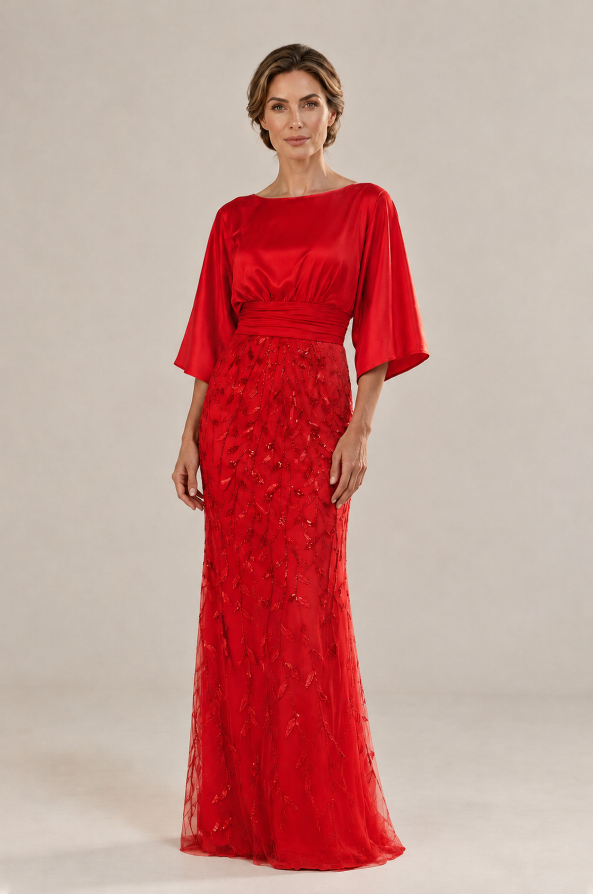 BOLODOO Red Mother of the Bride Dress with Kimono Sleeves, Satin Bodice & Sequin Embroidered Mermaid Floor-Length Gown - Red - Red (3)