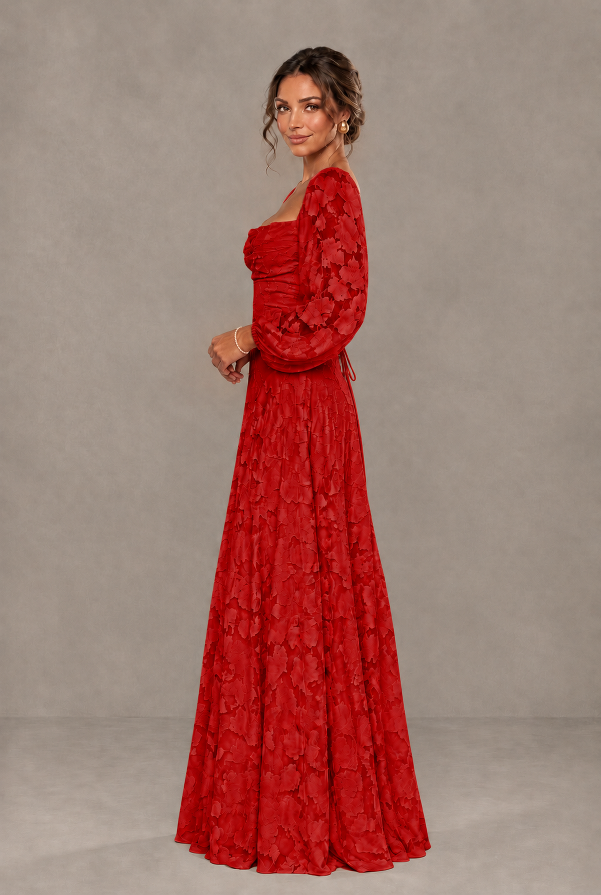 BOLODOO Floral Red Long Sleeve A-Line Dress with Lace-Up Back - Red