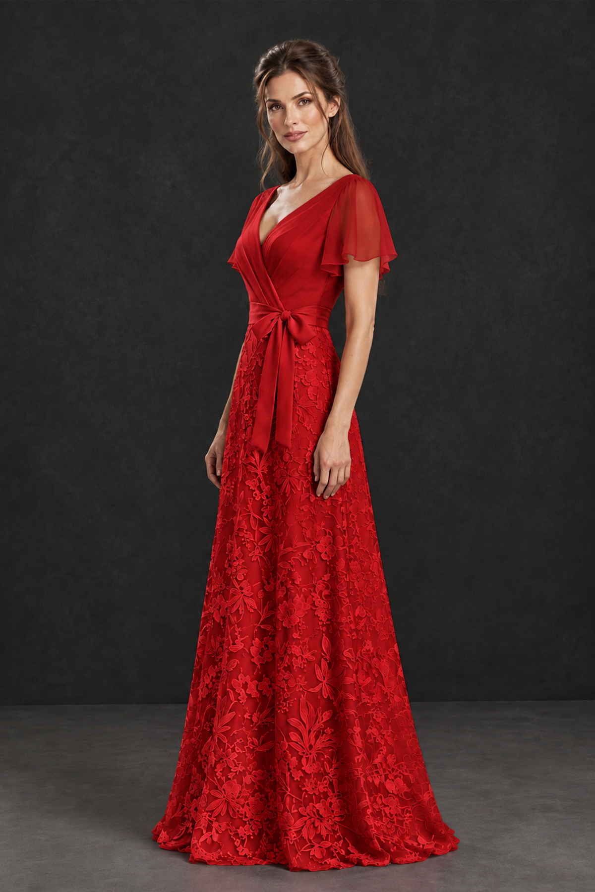 BOLODOO Red Flutter Sleeve Lace Mother of the Bride Dress - Red