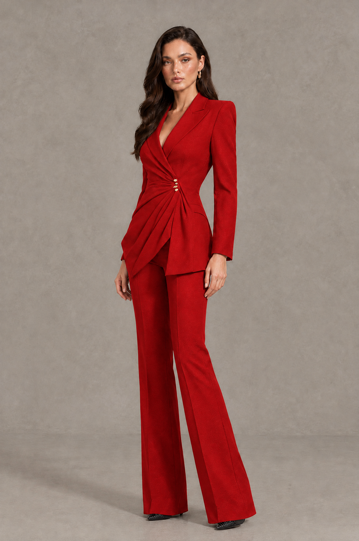 BOLODOO Red Long Sleeve Wrap Blazer Pantsuit with Wide-Leg Trousers - Red - Red (3)