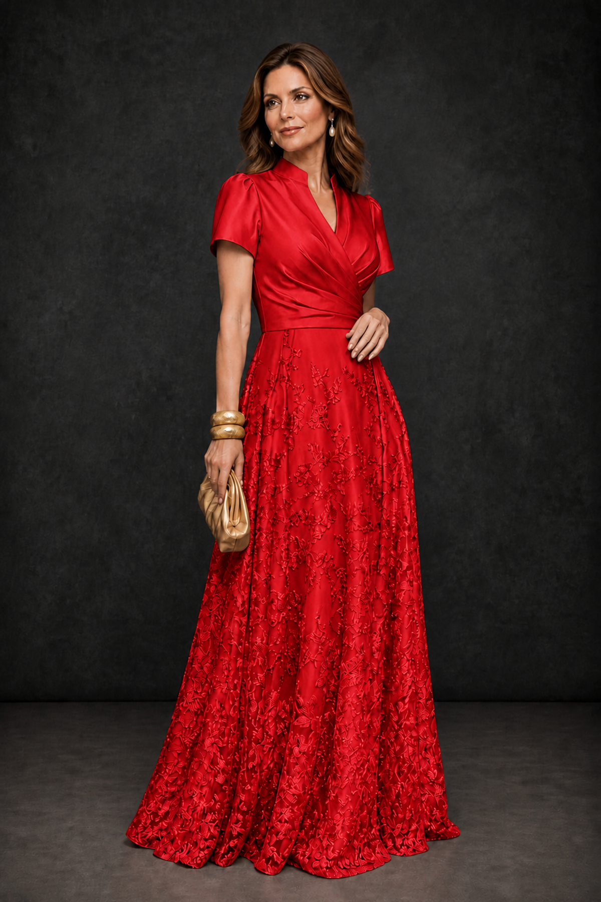 BOLODOO Red Satin Wrap V-Neck Short Sleeve Lace Glitter A-Line Floor Length Evening Gown – Formal Dress - Red - Red (3)