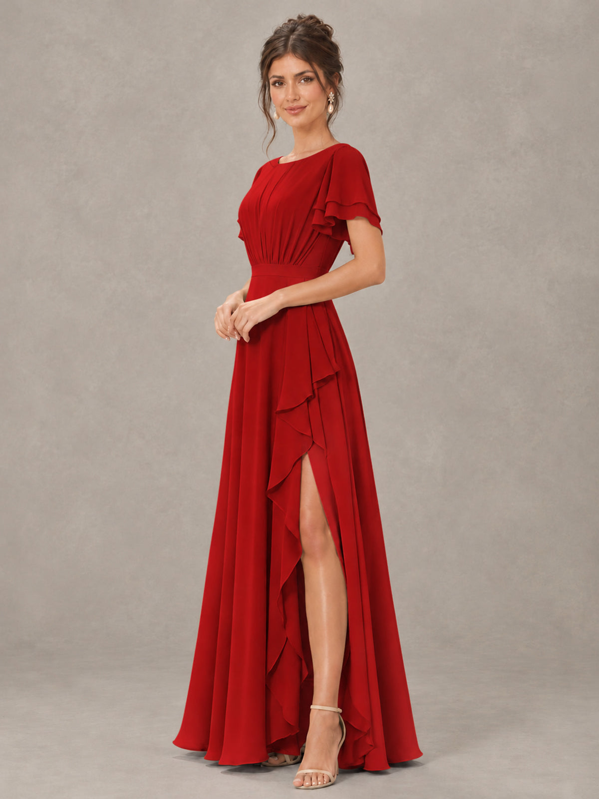 BOLODOO Red Flutter Sleeve Ruffle Bridesmaid Dress with Slit - Red - Red (3)