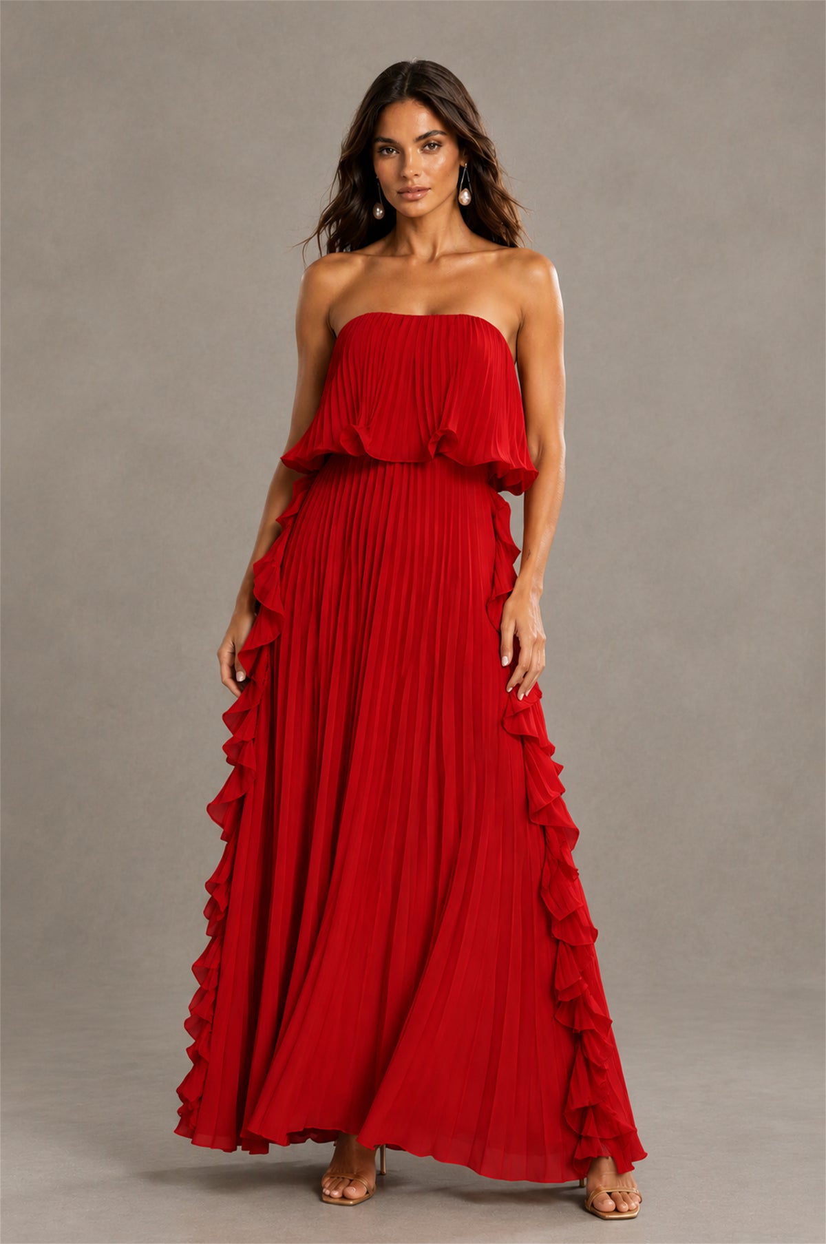BOLODOO Red Strapless Ruffle Bodice Dual Cascading Ruffle Accordion Pleated Chiffon Maxi Dress - Red