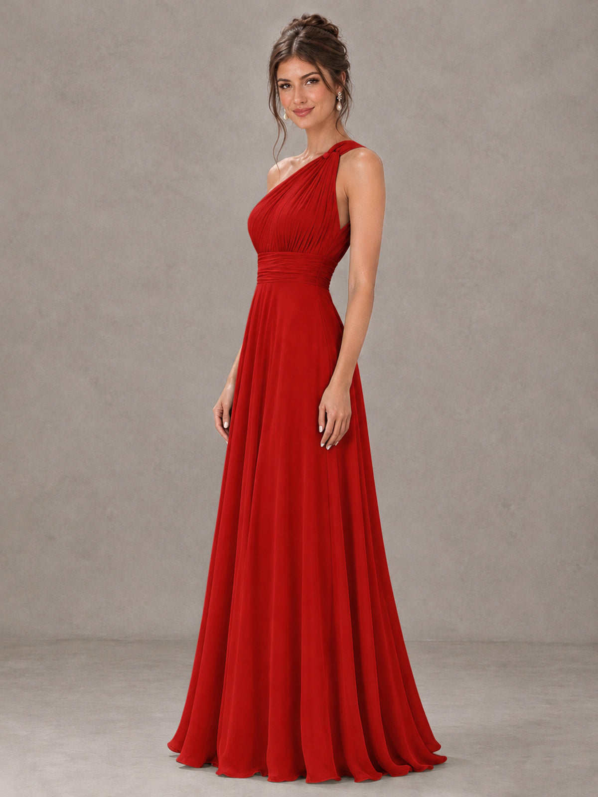 BOLODOO Red One-Shoulder Chiffon-Look Bridesmaid Dress - Red - Red (3)