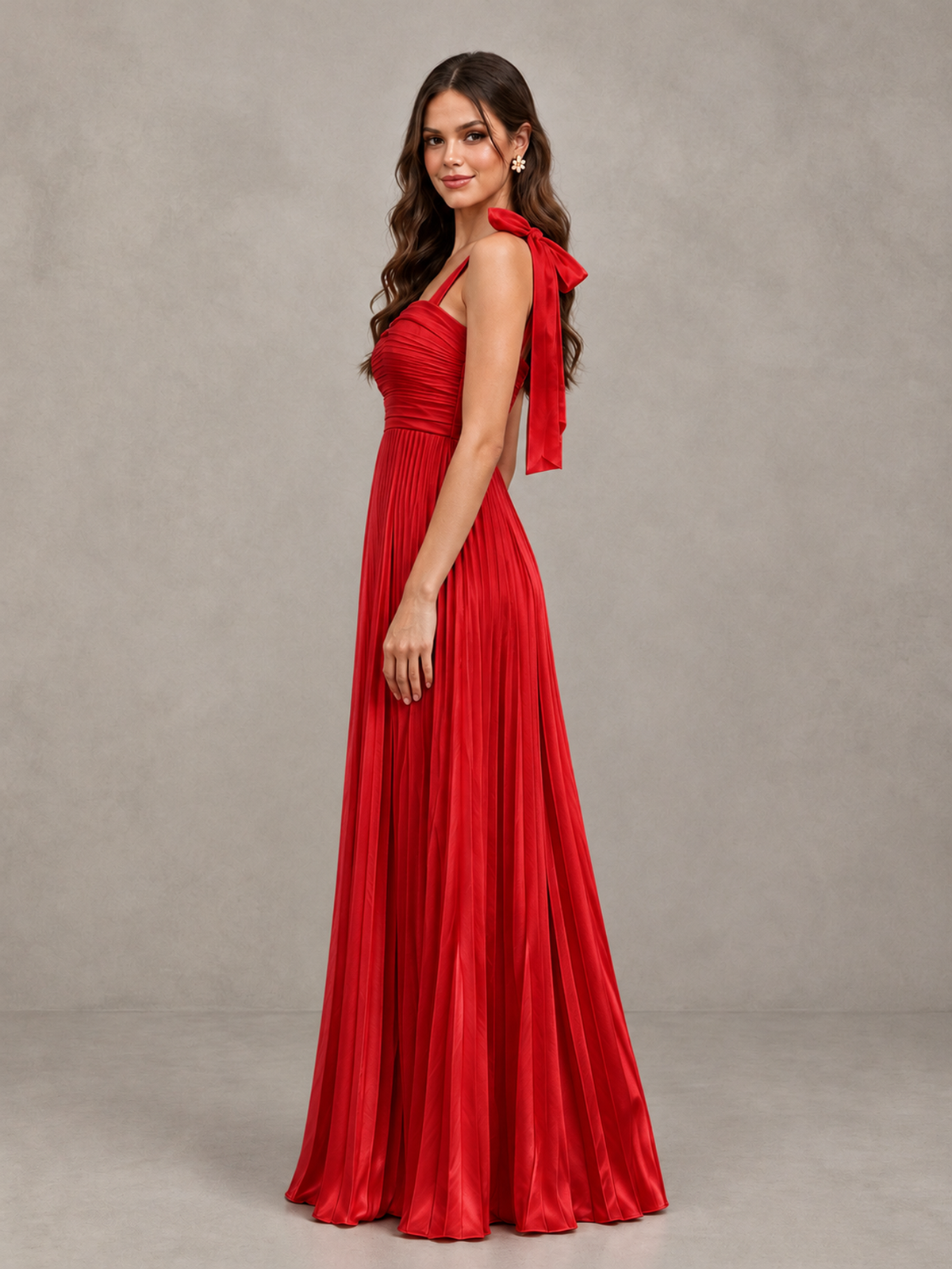 BOLODOO Red Pleated Bow-Strap Bridesmaid Maxi Dress - Red - Red (3)