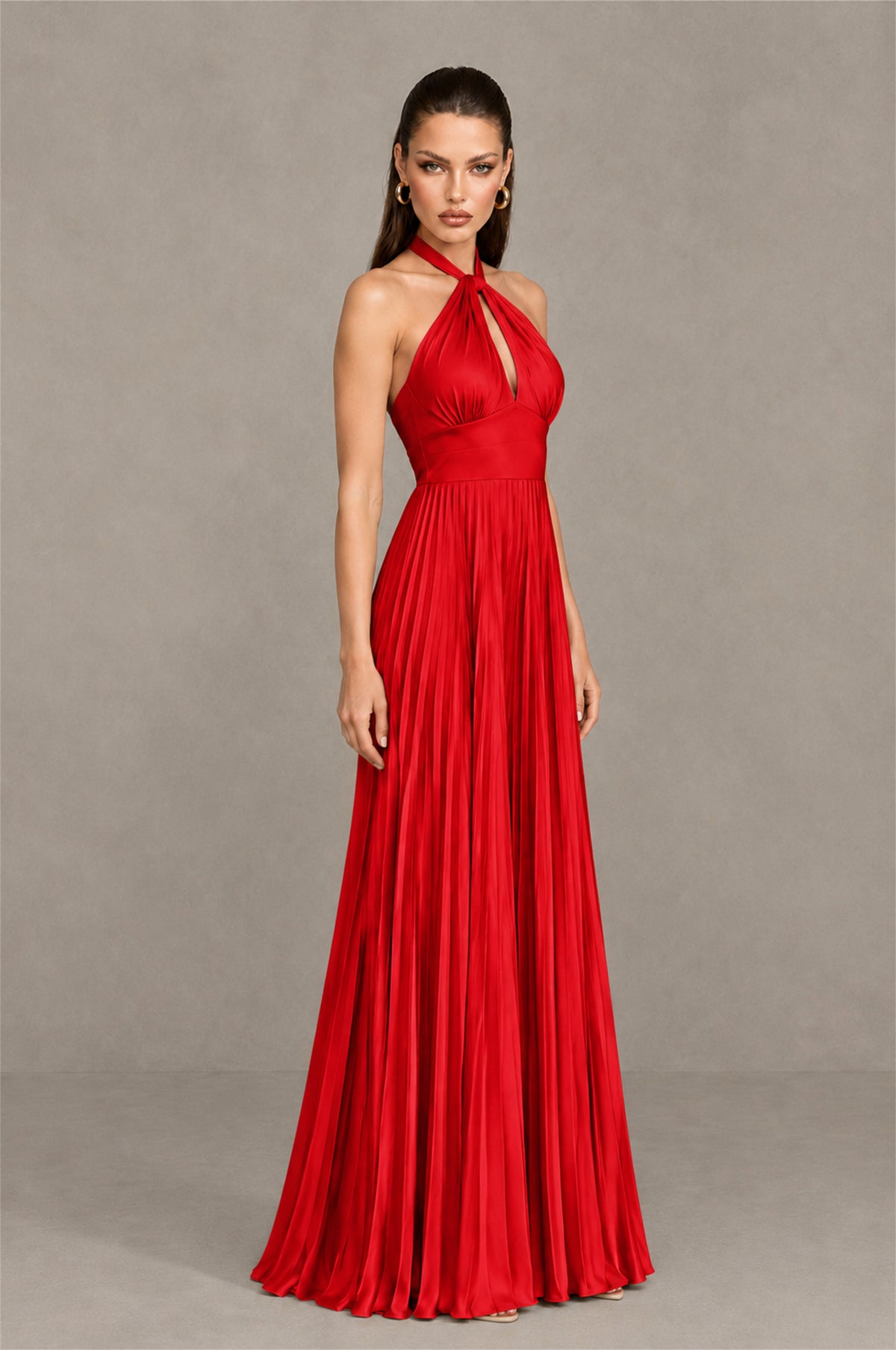BOLODOO Red Halter Pleated A-Line Evening Dress - Red - Red (3)