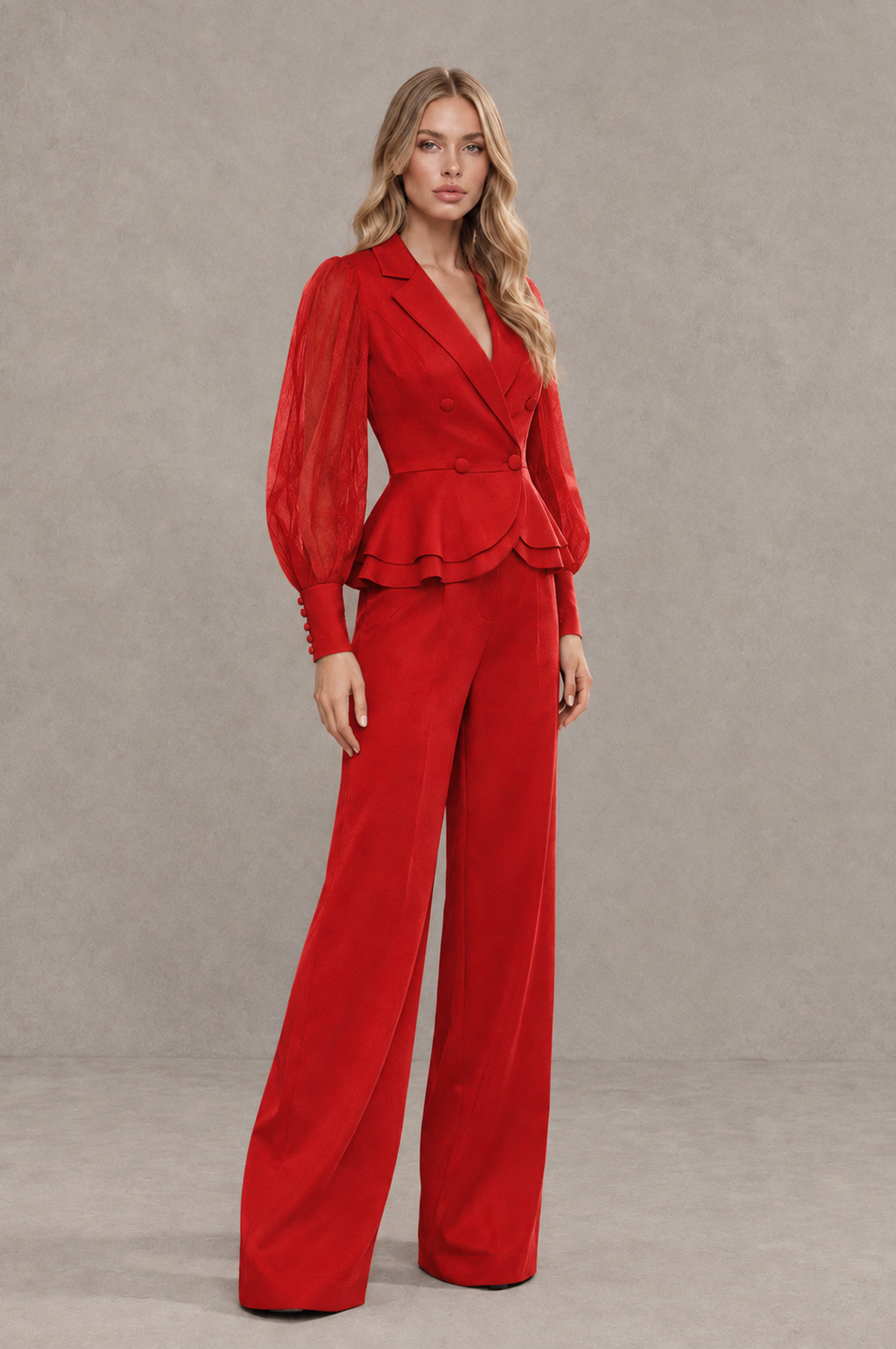 BOLODOO Mint Red Peplum Blazer Wide-Leg Pantsuit with Sheer Puff Sleeves - Red