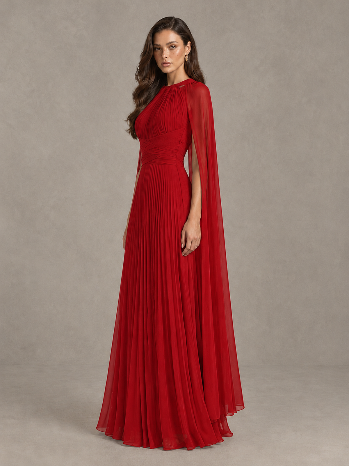 BOLODOO Red Pleated Cape Maxi Wedding Guest Dress - Red - Red (3)
