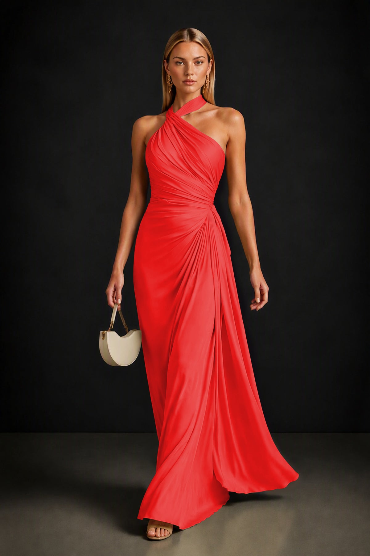 BOLODOO Red Twisted Halter Neck Ruched Sleeveless Open Back Floor-Length Gown - Red