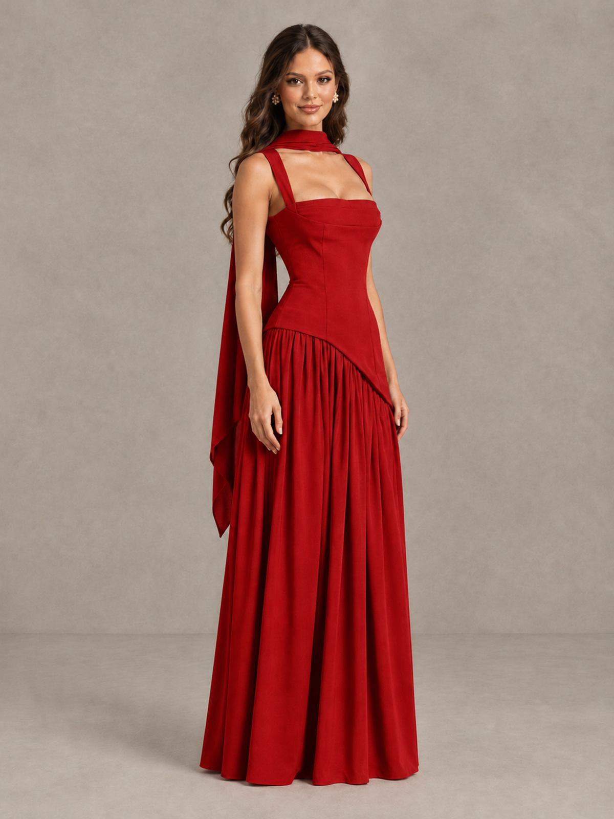 BOLODOO Red Brown Scarf Bridesmaid Dress with Lace-Up Back - Red - Red (3)