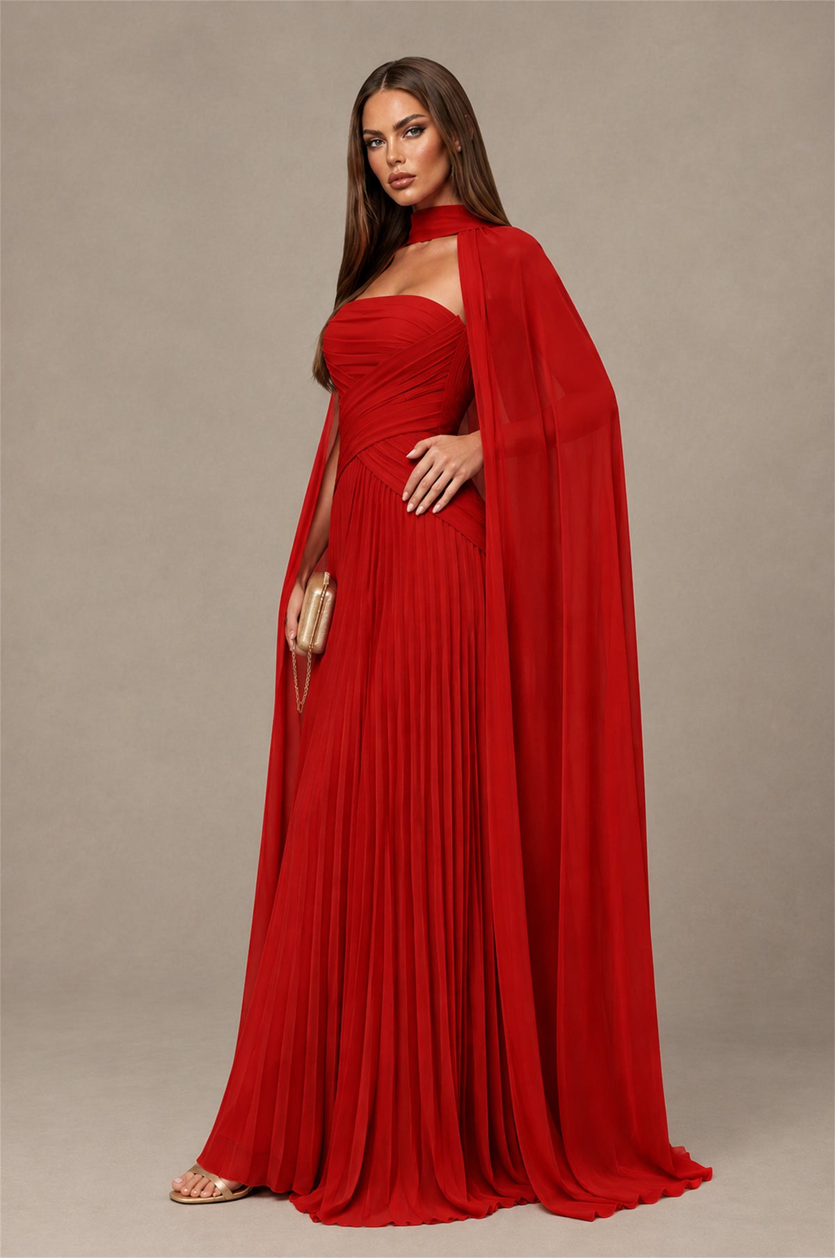 BOLODOO Red Strapless Crossover Ruched Bodice Detached Turtleneck Cape Lace-Up Back Pleated Chiffon Maxi Dress - Red