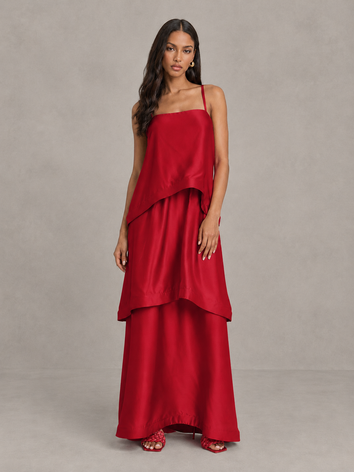 BOLODOO Red Satin Tiered Maxi Dress with Spaghetti Straps - Red