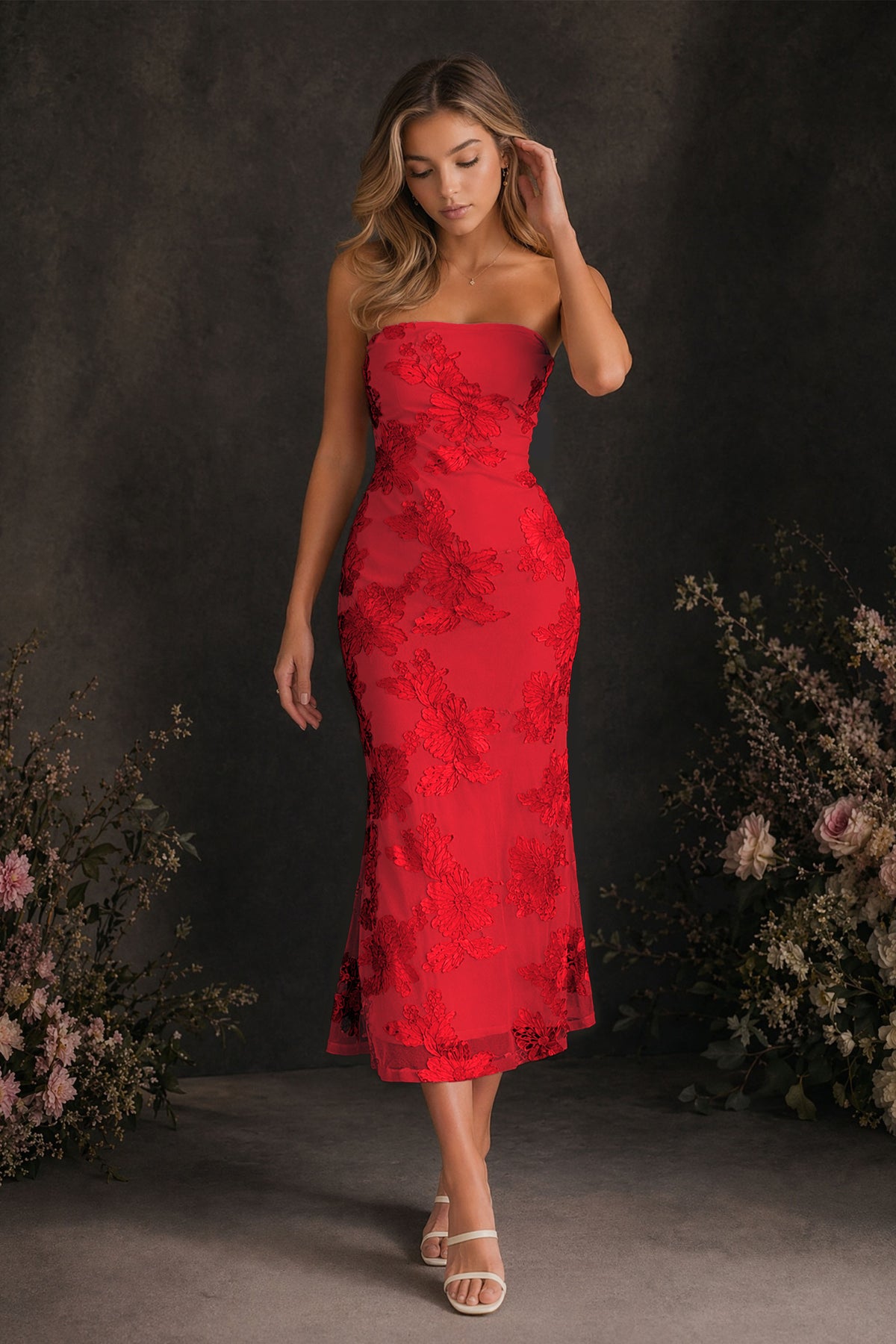 BOLODOO Red Tonal Floral Embroidered Mesh Strapless Open Back Bodycon Midi Tea Length Dress - Red
