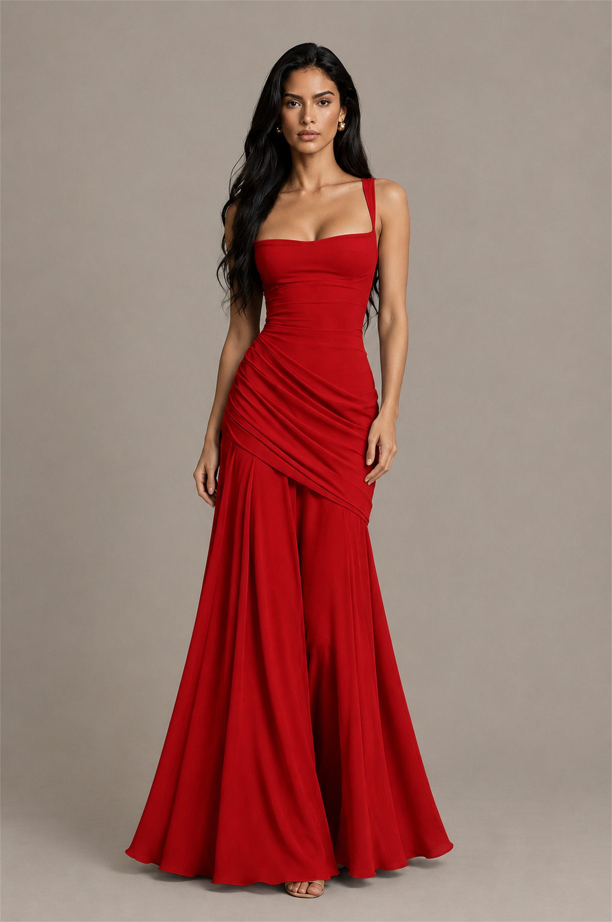 BOLODOO Square Neck Ruched A-Line Maxi Dress - Red Backless Evening Gown - Red