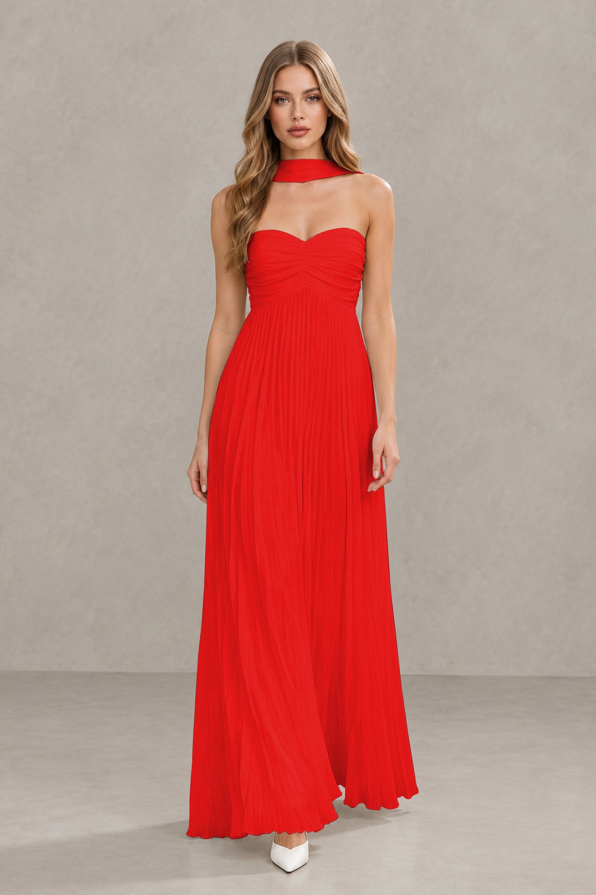BOLODOO Red Strapless Chiffon-Look Maxi Dress with Lace-Up Back & Cape - Red