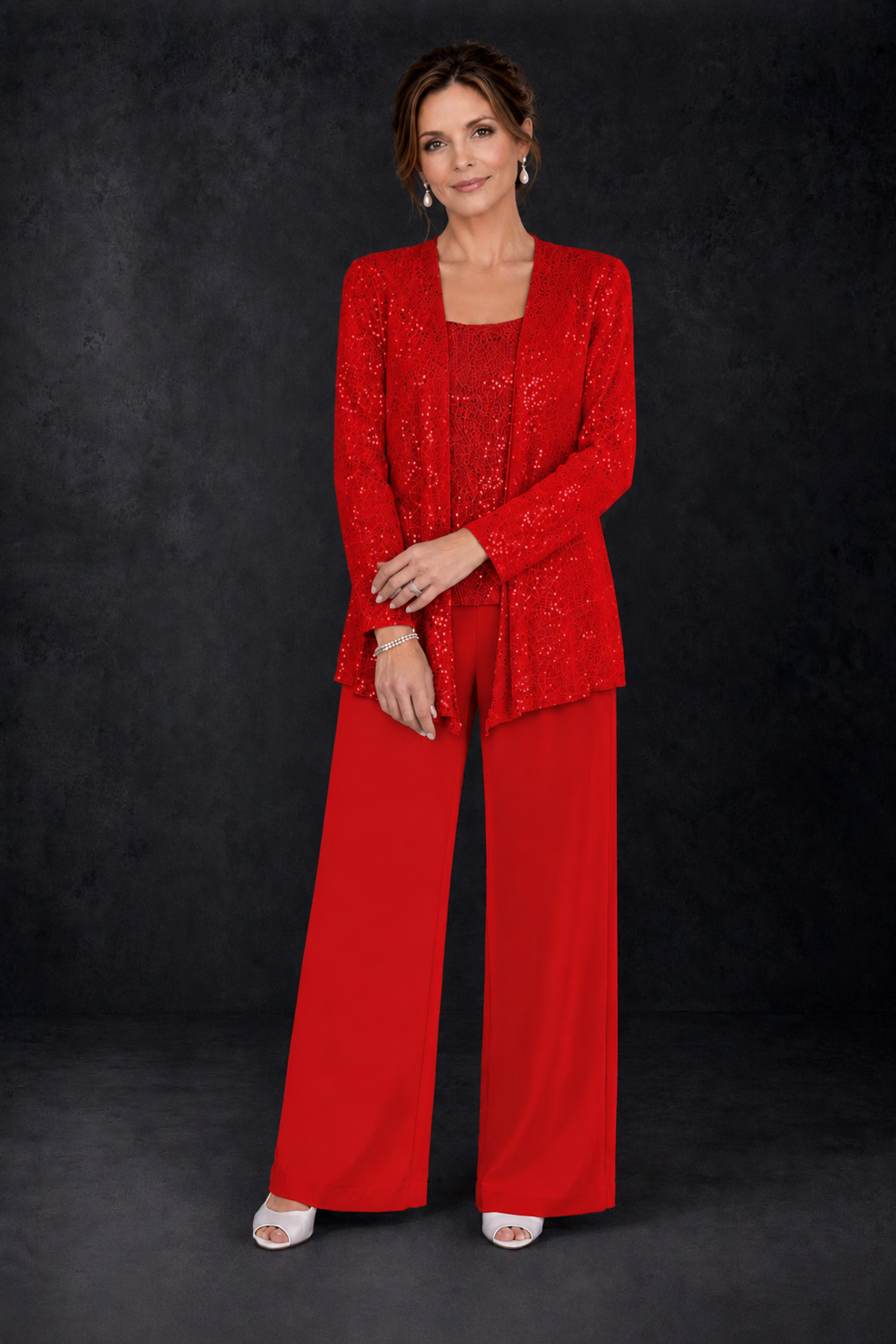 BOLODOO Red Sequin Lace 3-Piece Pant Suit with Long Sleeve Jacket - Red - Red (3)