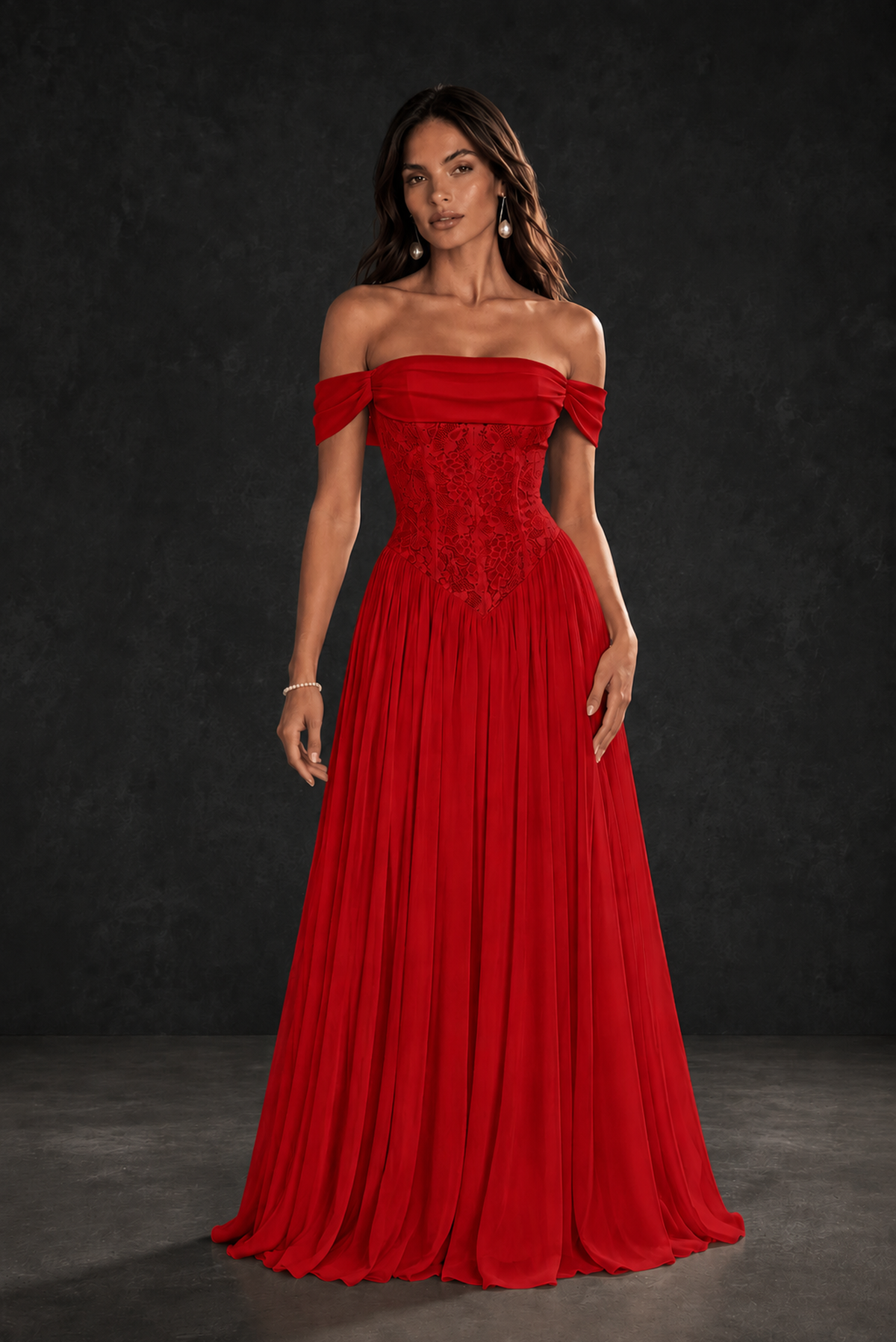 BOLODOO Red Off-Shoulder Lace Corset Tulle Maxi Dress - Red