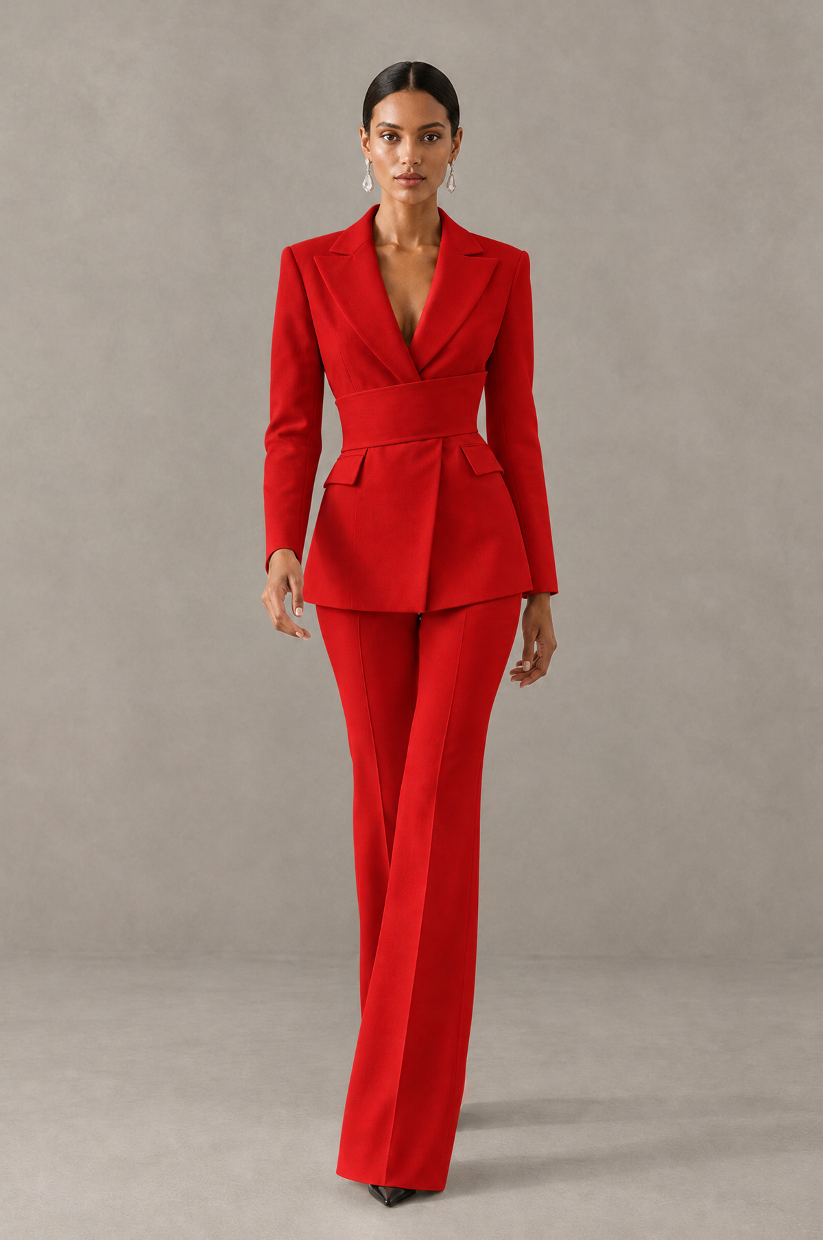 BOLODOO Red Two-Piece Pantsuit with Tailored Blazer & Flared Pants - Red - Red (3)