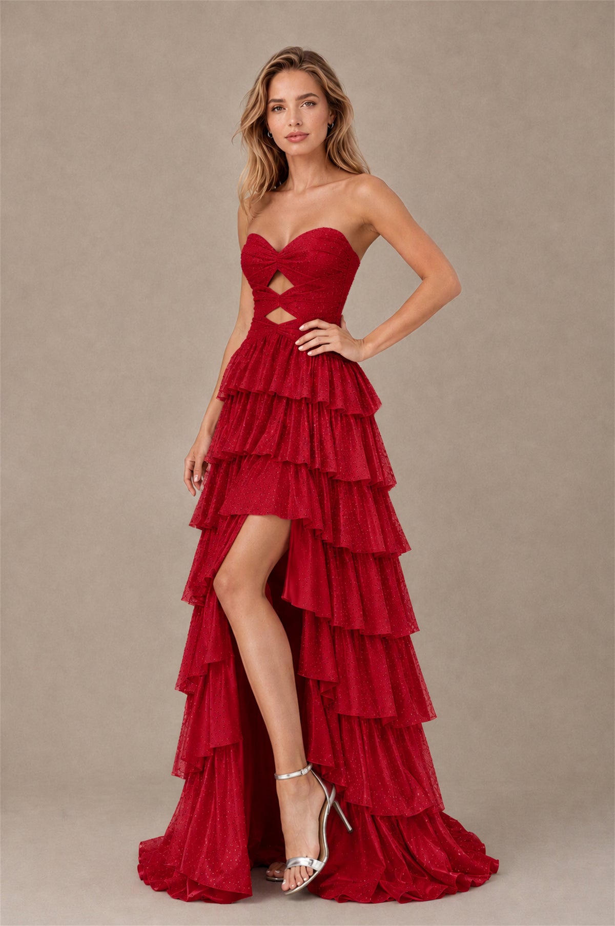 BOLODOO Red Strapless Cutout Tiered Ruffle Prom Dress with High Slit - Red - Red (3)