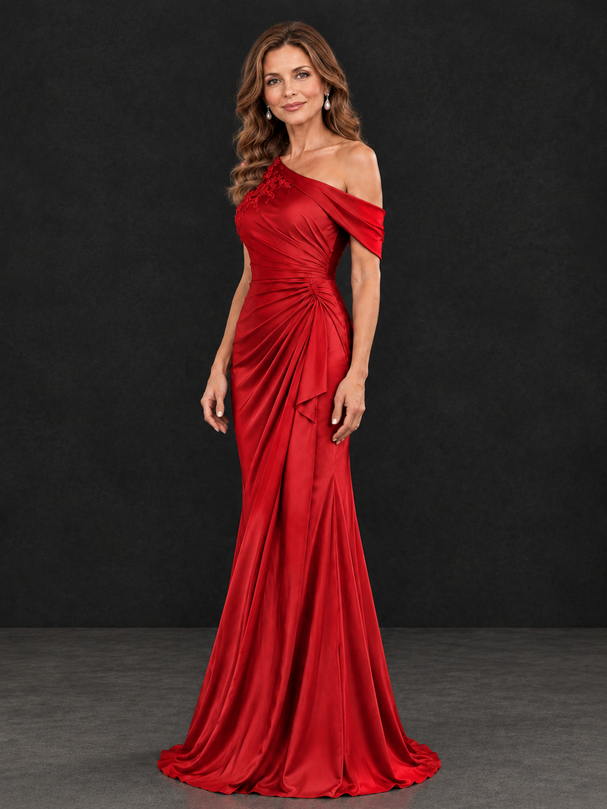 BOLODOO Red Asymmetric Satin Mother of the Bride Dress with Lace Sleeve - Red - Red (3)