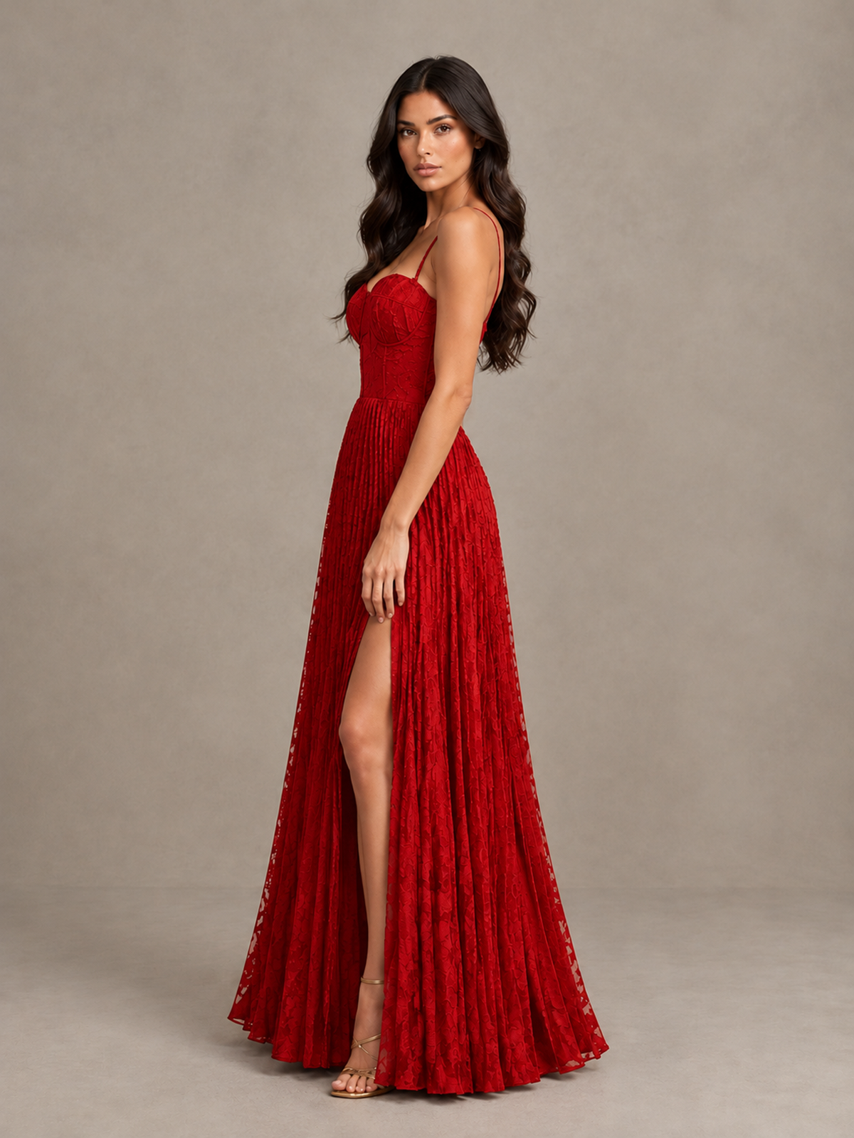 BOLODOO Red Pleated Bridesmaid Dress with Sweetheart Neckline & Slit - Red - Red (3)