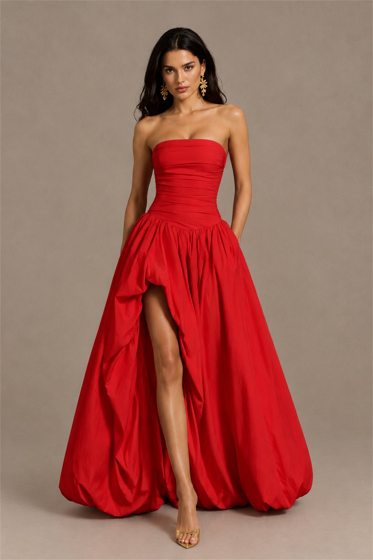 BOLODOO Red Strapless Ruched Corset Lace-Up Back Bubble Skirt High Slit Taffeta Maxi Dress - Red