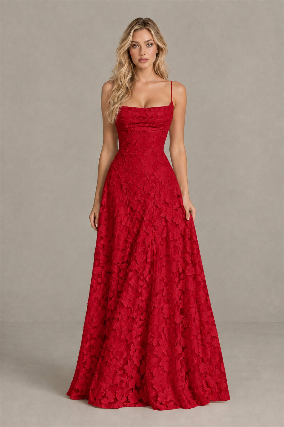 BOLODOO Red Floral Appliqué Lace-Up Back Maxi Dress - Red