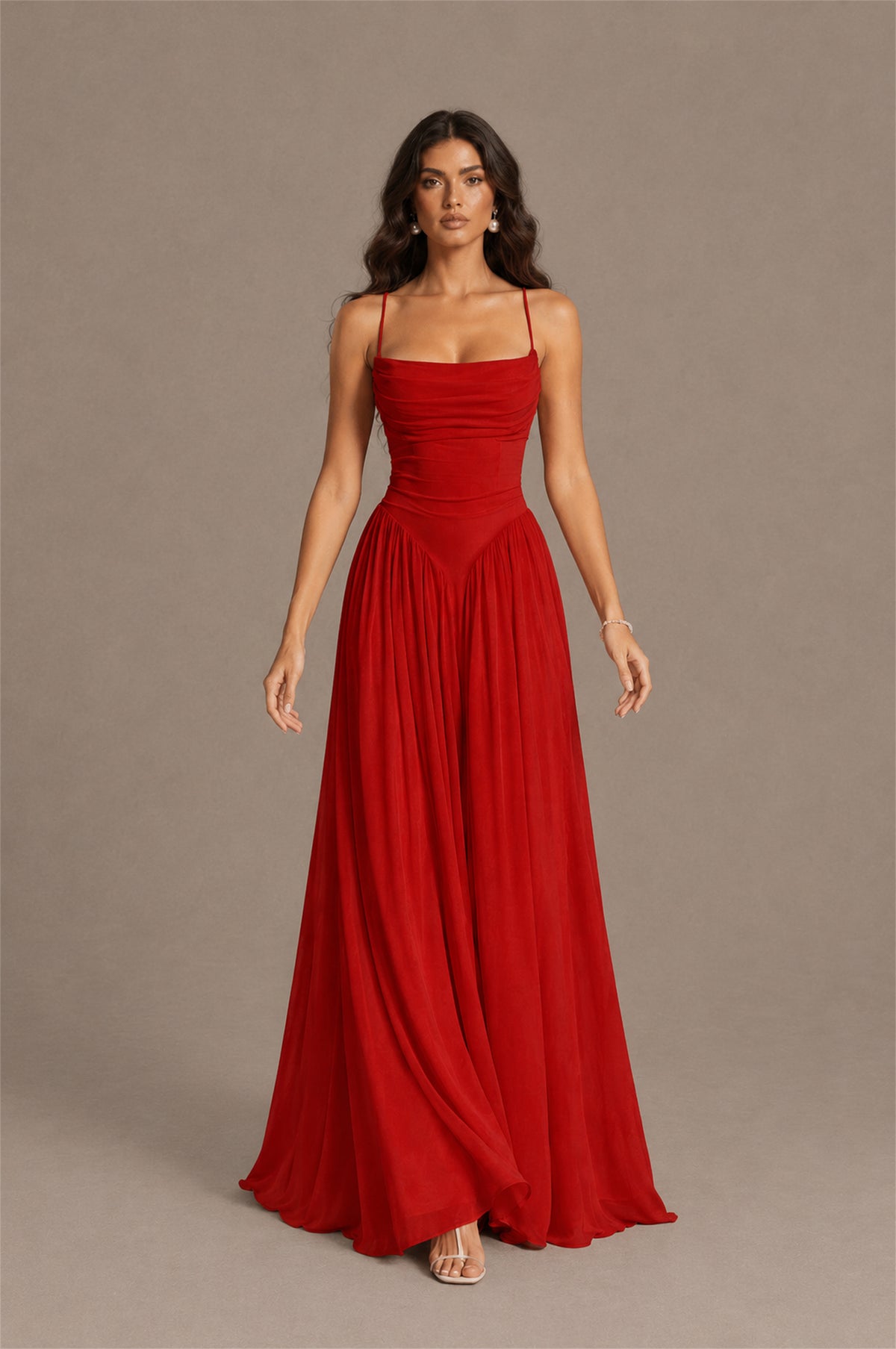 BOLODOO Red Spaghetti Strap Square Neck Ruched Chiffon Maxi Dress with Lace-Up Back - Red