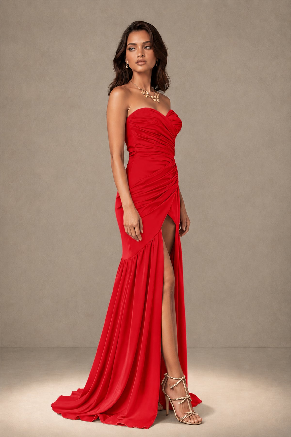 BOLODOO Red Brown Stretch Satin Sweetheart Strapless Ruched Open Back High Slit Mermaid Maxi Dress - Red
