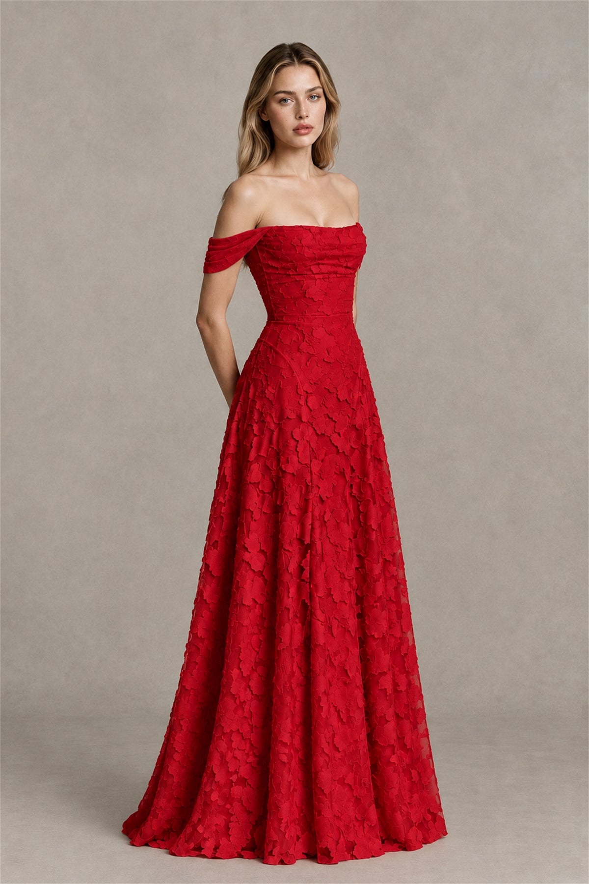 BOLODOO Red Off-Shoulder Pleated A-Line Maxi Dress Floral - Red