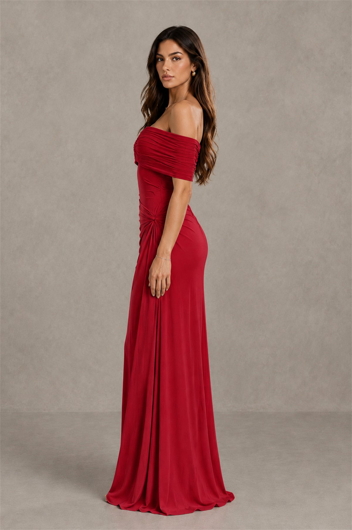 BOLODOO Red Off-Shoulder Ruched Maxi Dress - Red