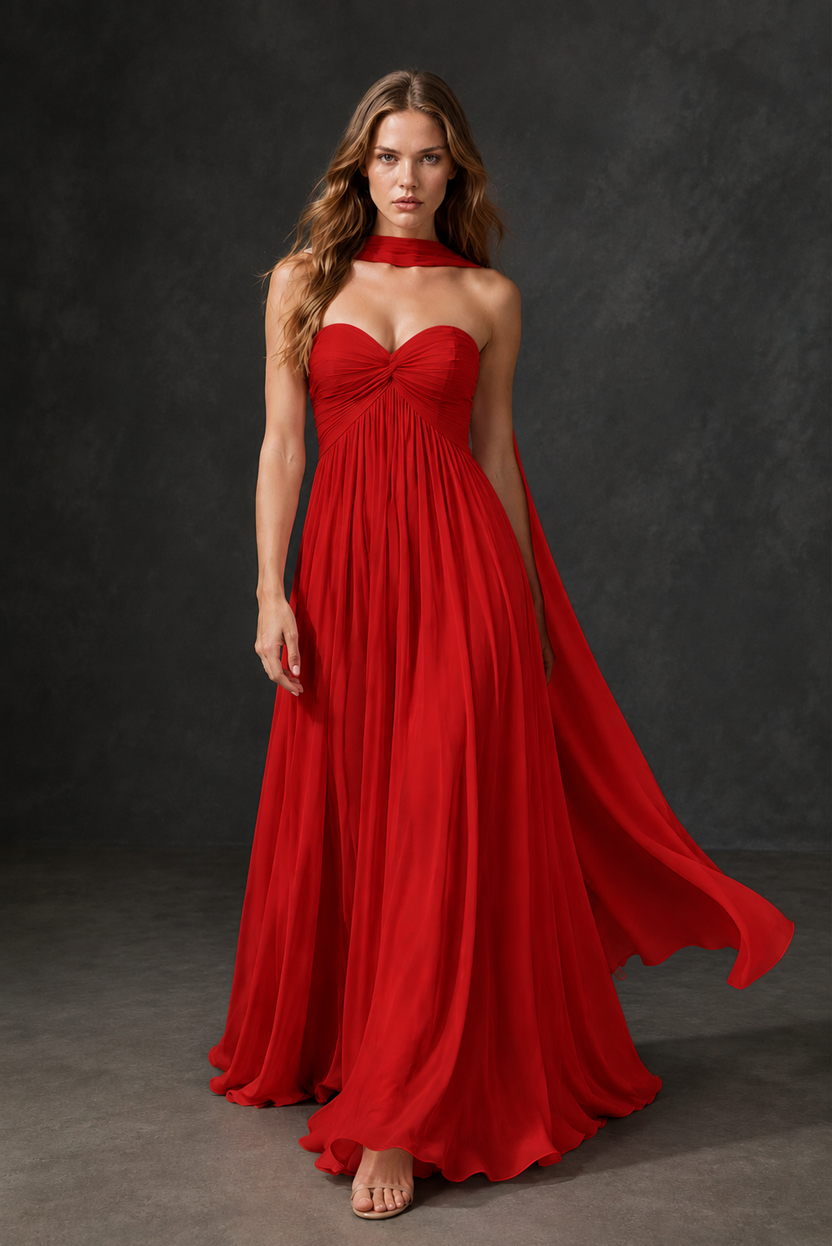 BOLODOO Red Sweetheart Strapless Twist Knot Detached Halter Scarf Lace-Up Back Empire Waist Chiffon Maxi Dress - Red