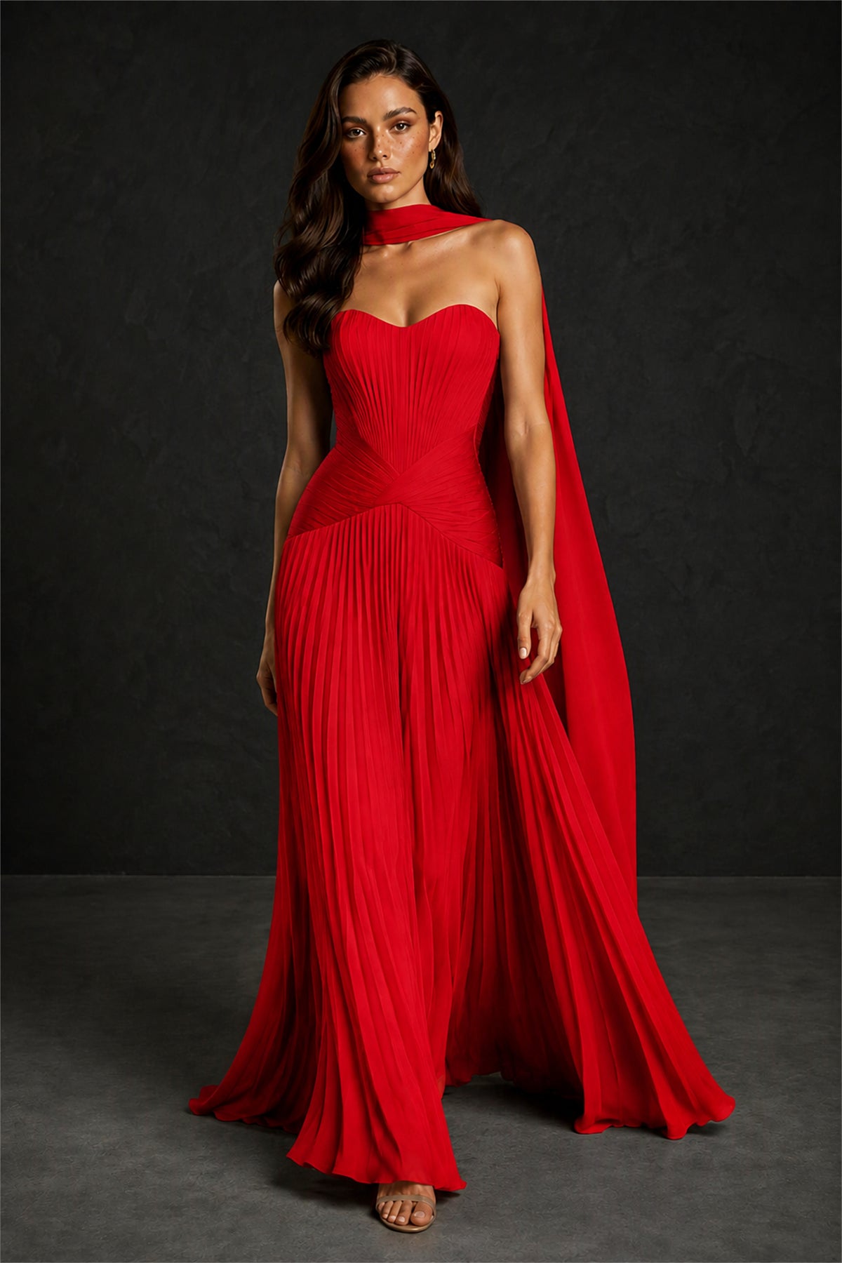 BOLODOO Red Sweetheart Strapless Neck Scarf Pleated Backless A-Line Chiffon Maxi Dress - Red