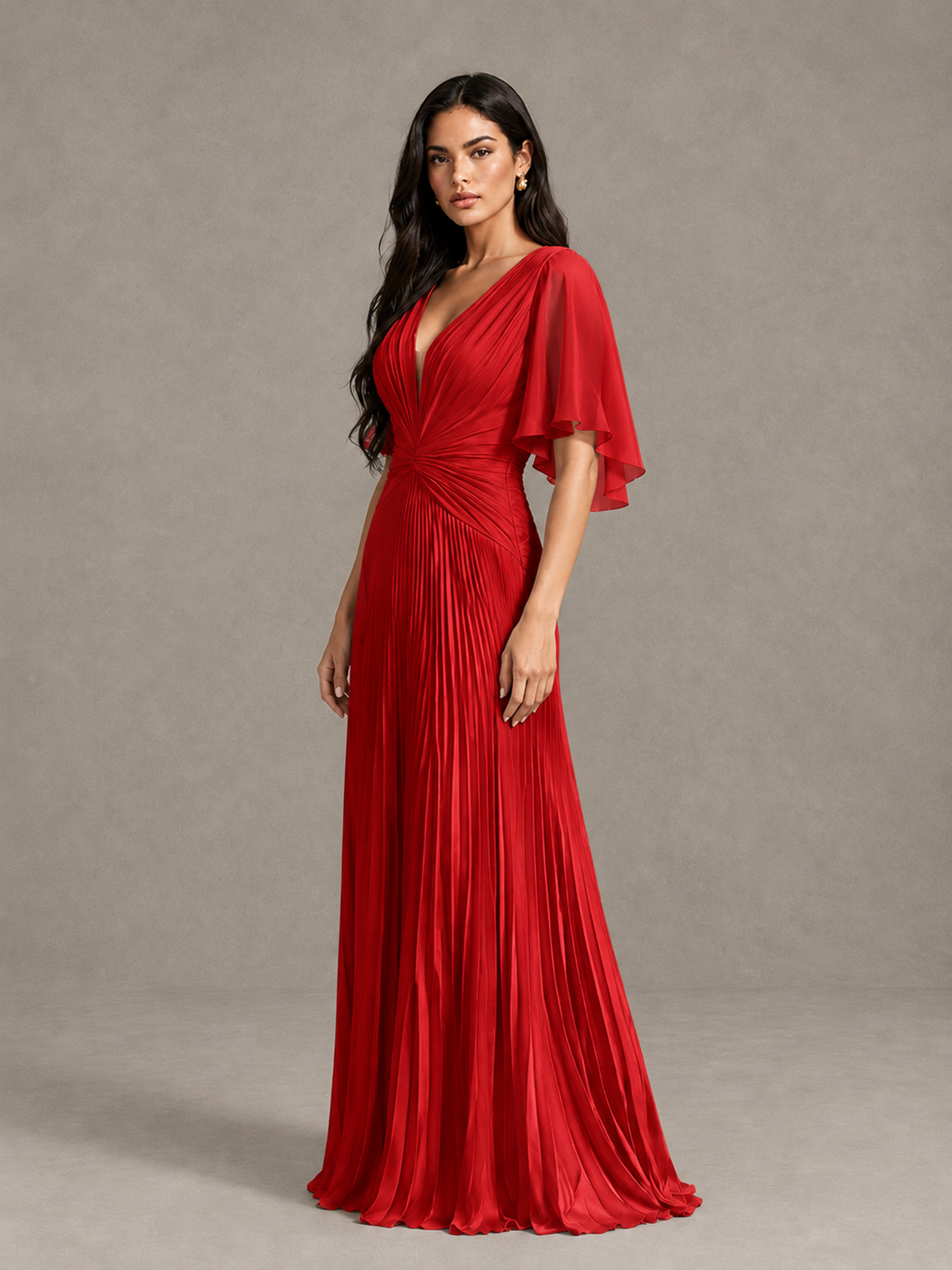 BOLODOO Red Pleated V-Neck Flutter Sleeve Bridesmaid Dress - Red - Red (3)