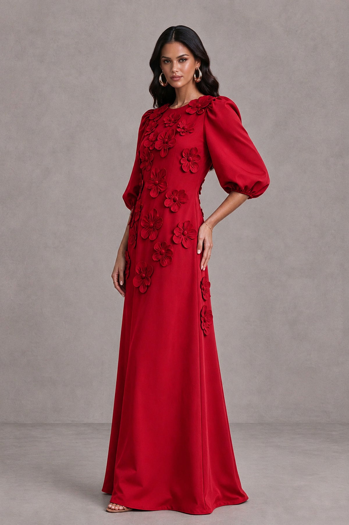 BOLODOO Red Floral Applique Puff Sleeve A-Line Evening Dress - Red - Red (4)