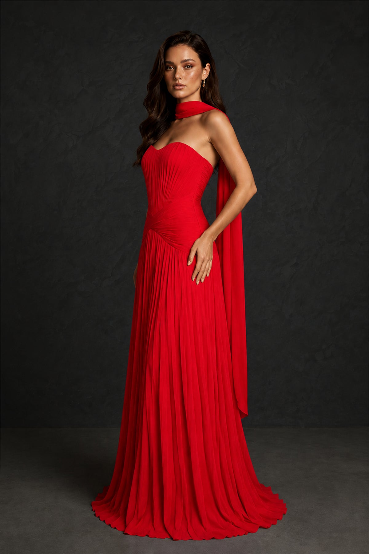 BOLODOO Red Sweetheart Strapless Neck Scarf Pleated Backless A-Line Chiffon Maxi Dress - Red