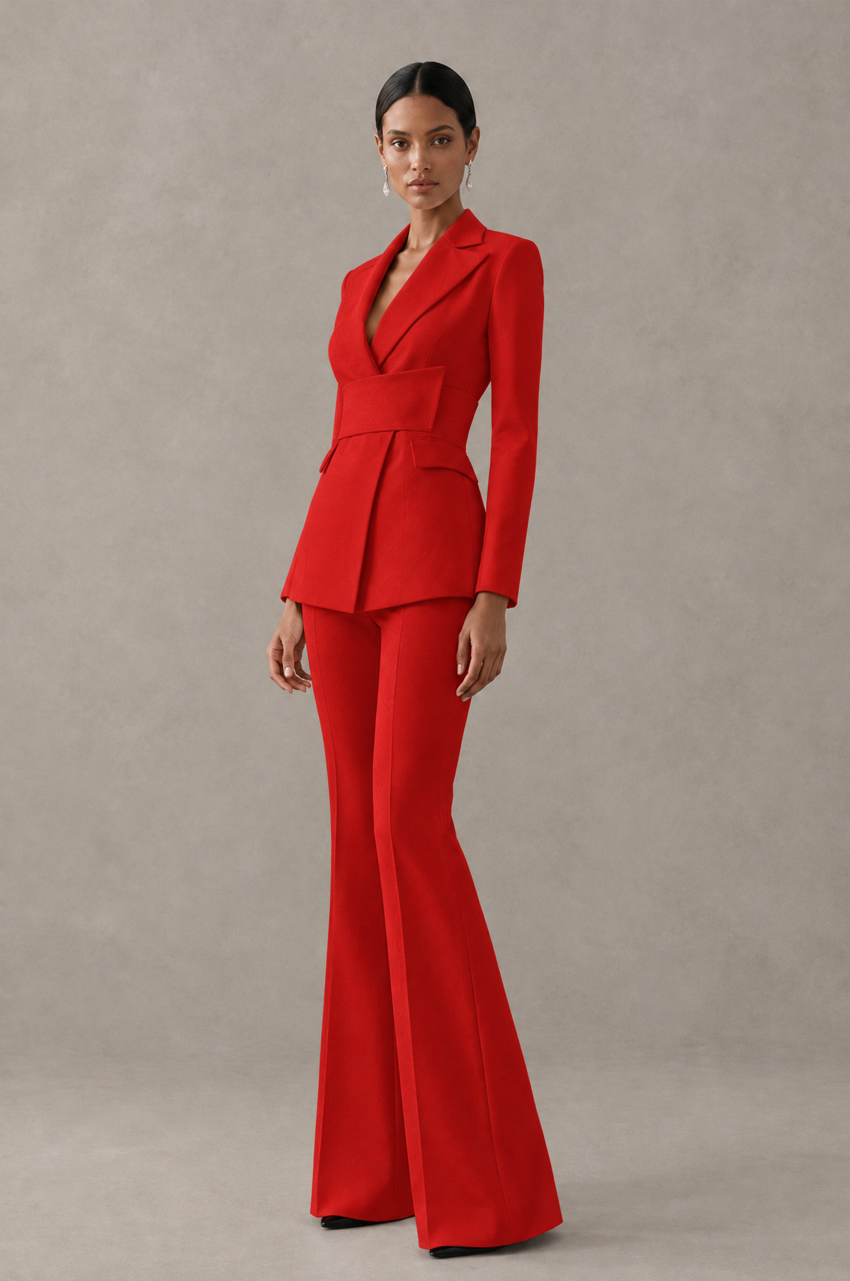BOLODOO Red Two-Piece Pantsuit with Tailored Blazer & Flared Pants - Red - Red (4)