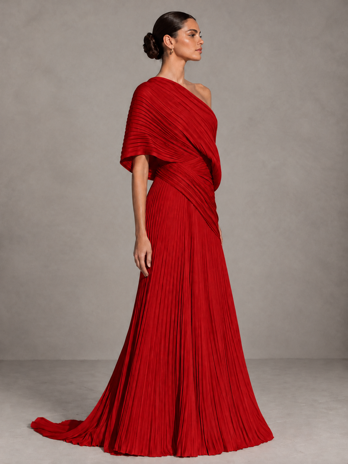 BOLODOO Red One-Shoulder Pleated Cape Evening Gown with Train - Red - Red (4)