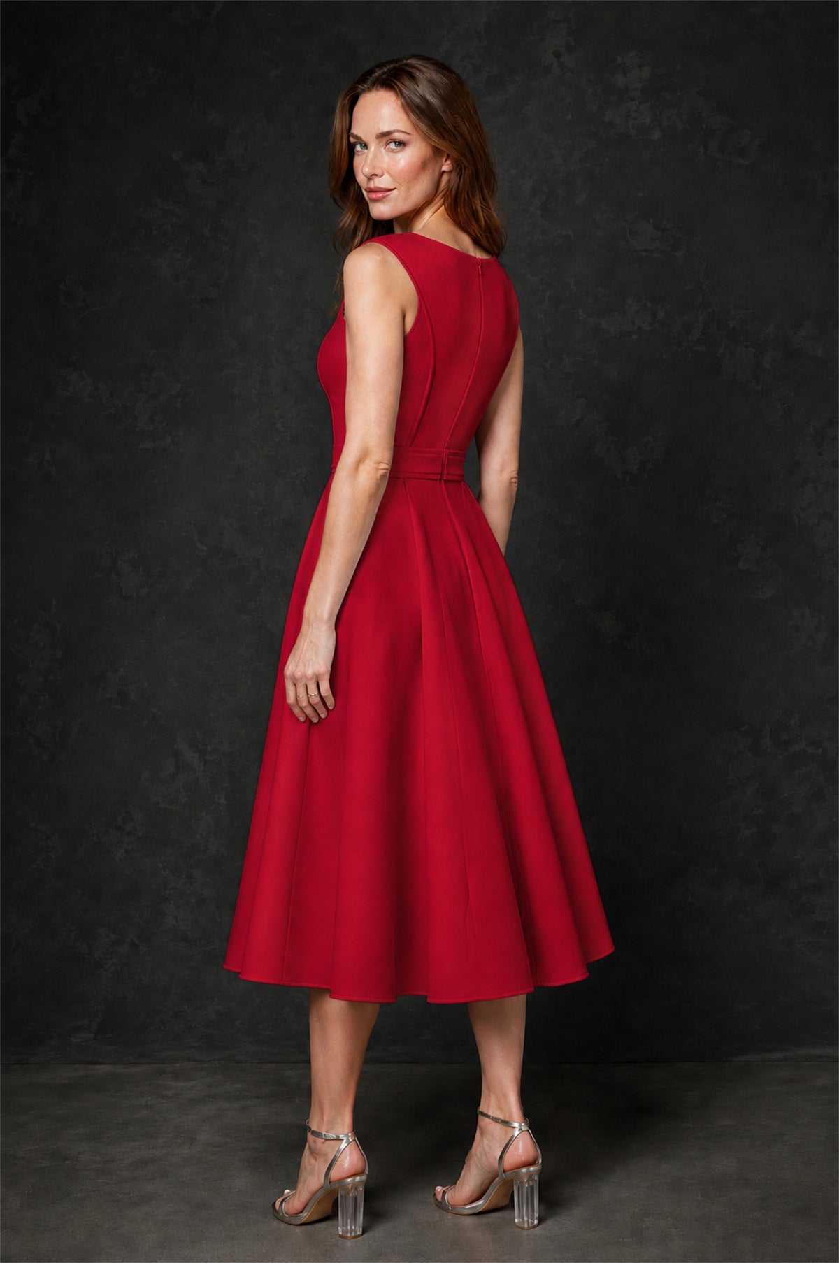 BOLODOO Red 3D Rosette Appliqué 3/4 Sleeve Jacket & V-Notch Sleeveless A-Line Tea-Length Two-Piece Dress Set - Red