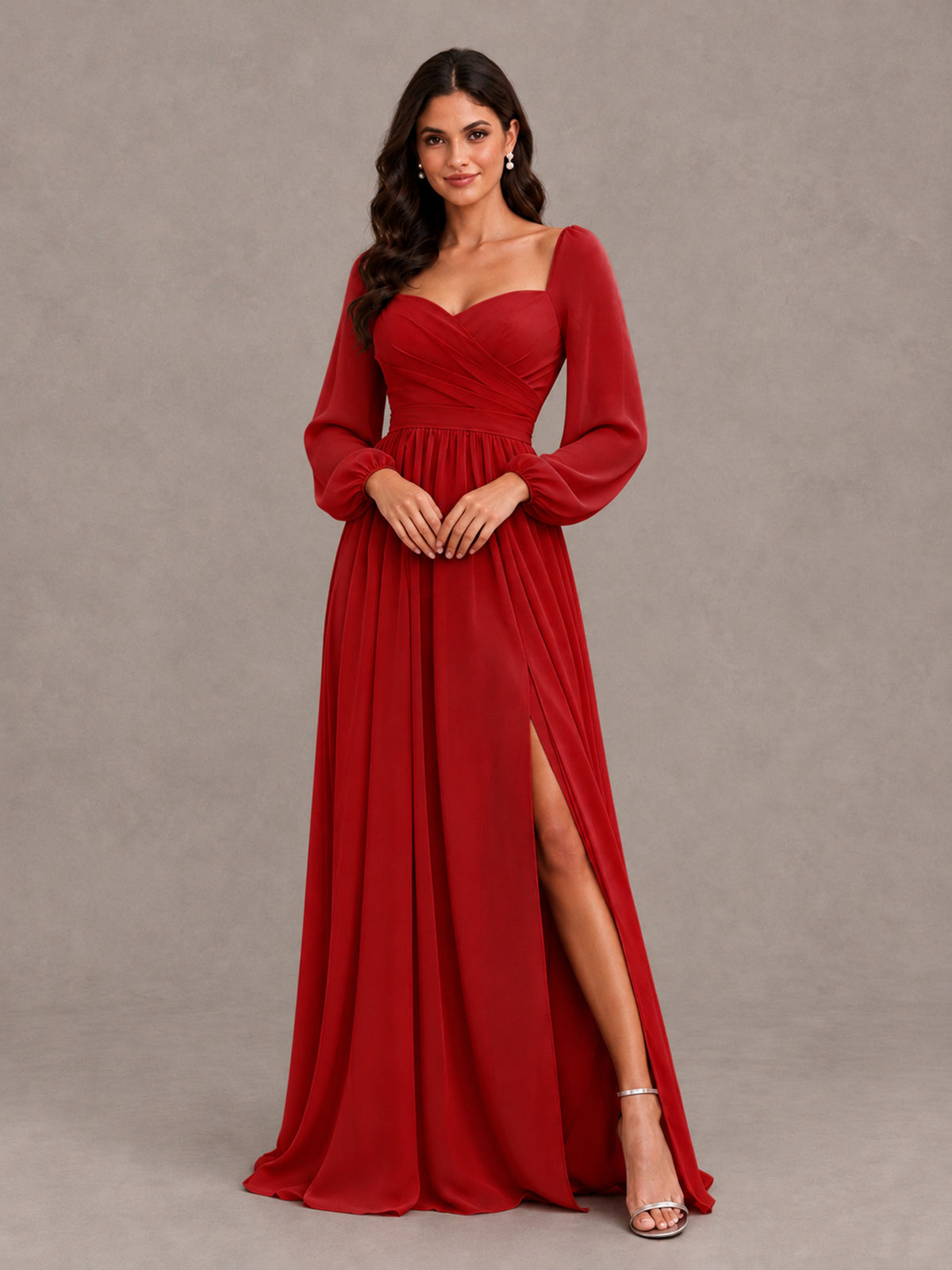 BOLODOO Red Long Sleeve Chiffon Bridesmaid Dress with Slit - Red - Red (4)